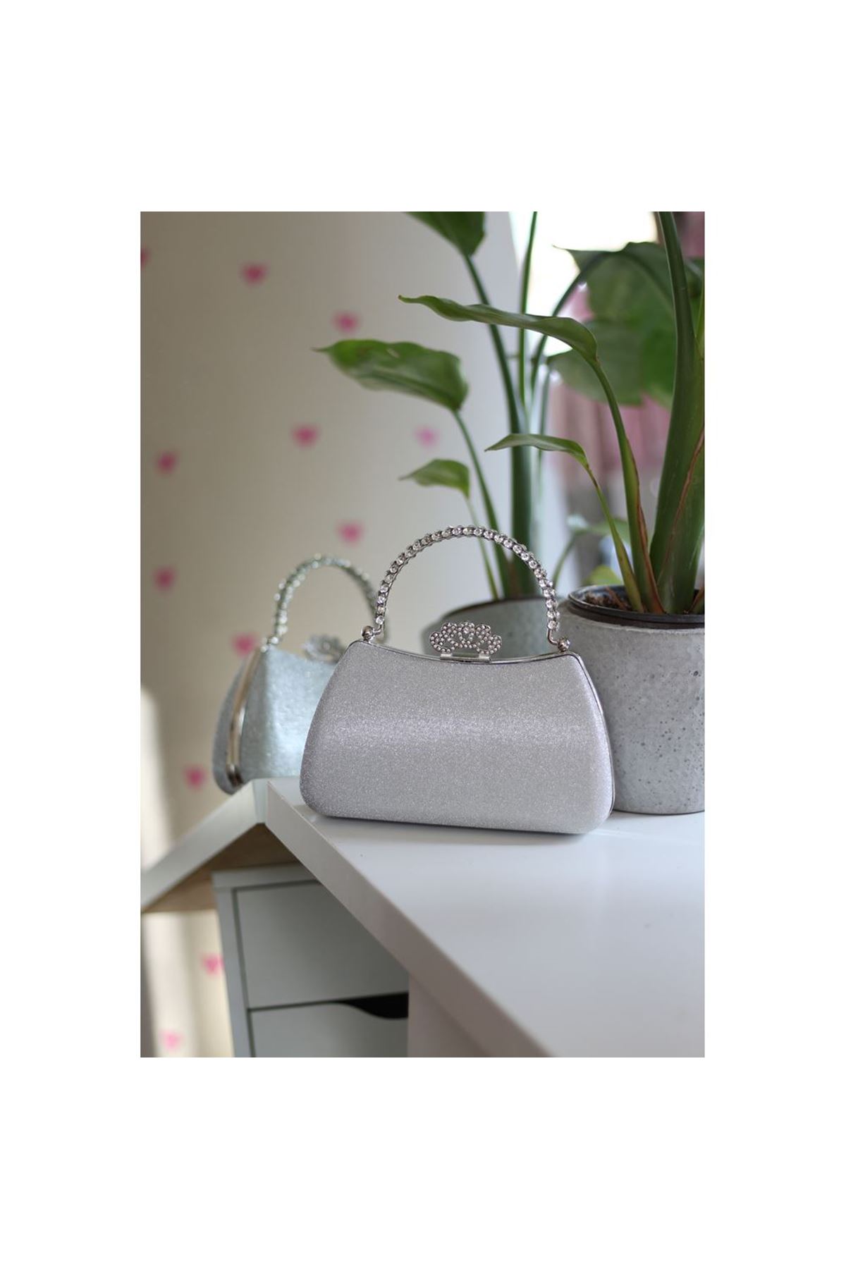 Kadın Silver Kristal Tutma Saplı Abiye El Çantası