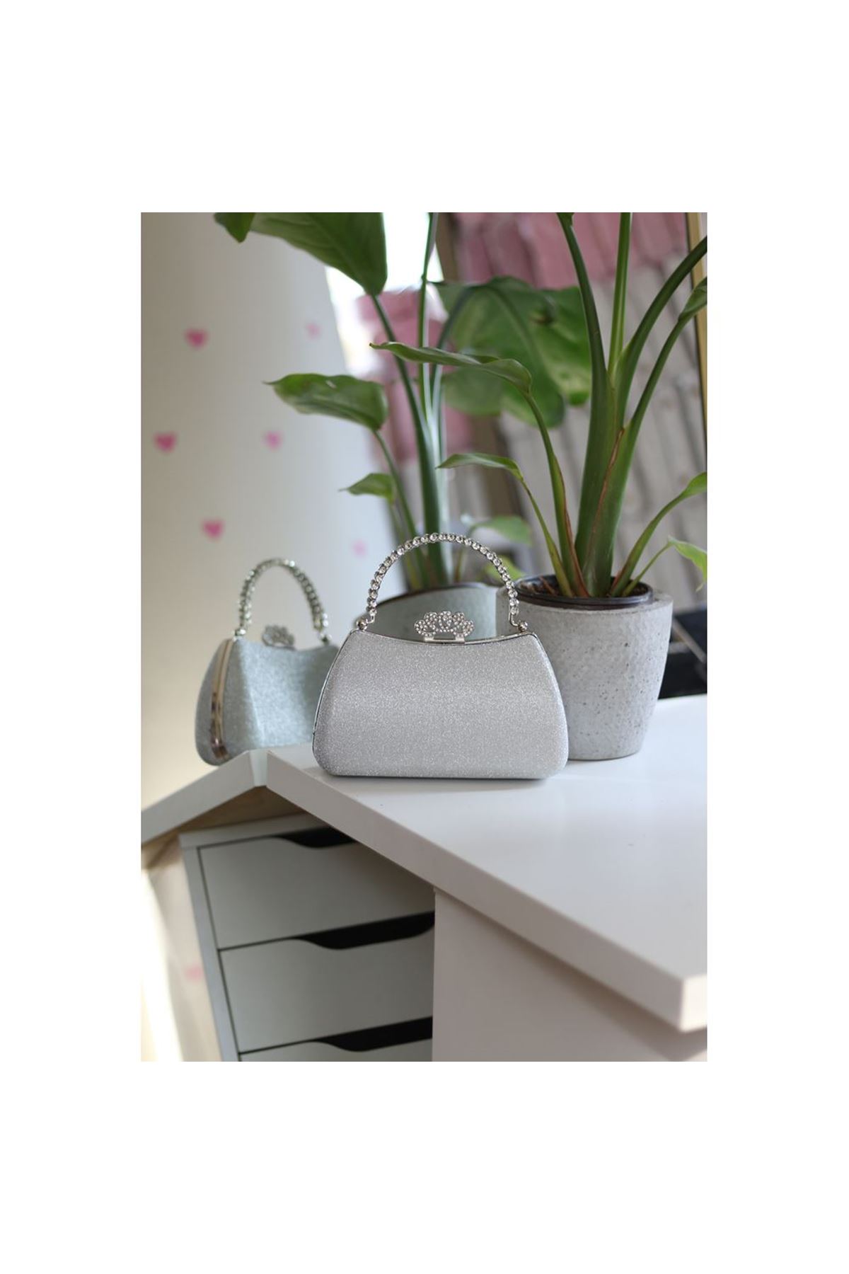 Kadın Silver Kristal Tutma Saplı Abiye El Çantası