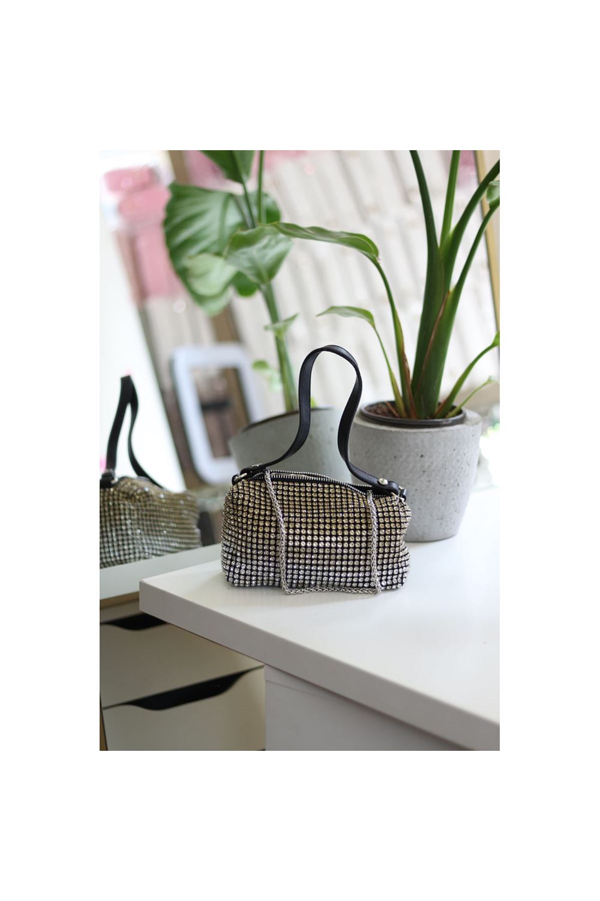 Kadın Silver Sarı 2 Renkli Detaylı Deri Askılı Taşlı Abiye Omuz Çantası