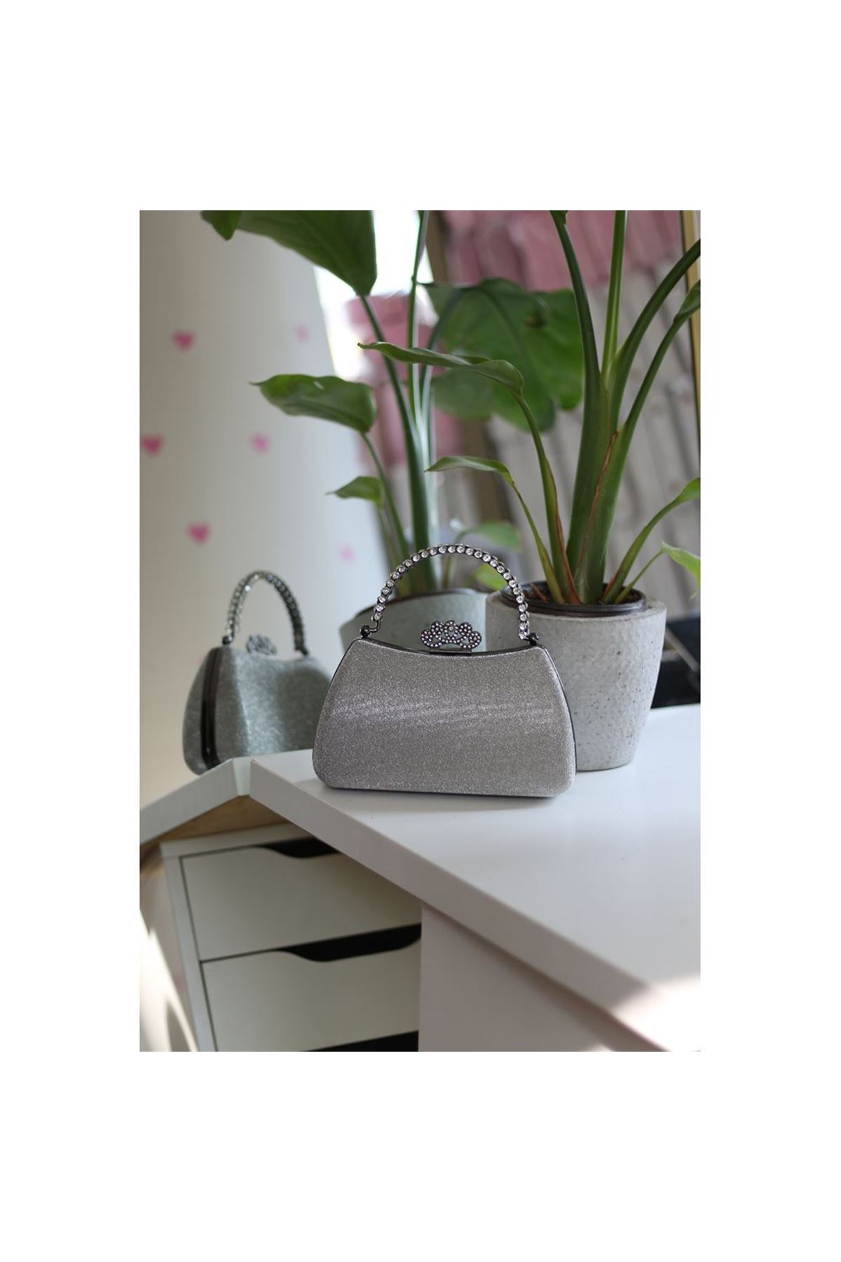 Kadın Platin Kristal Tutma Saplı Abiye El Çantası