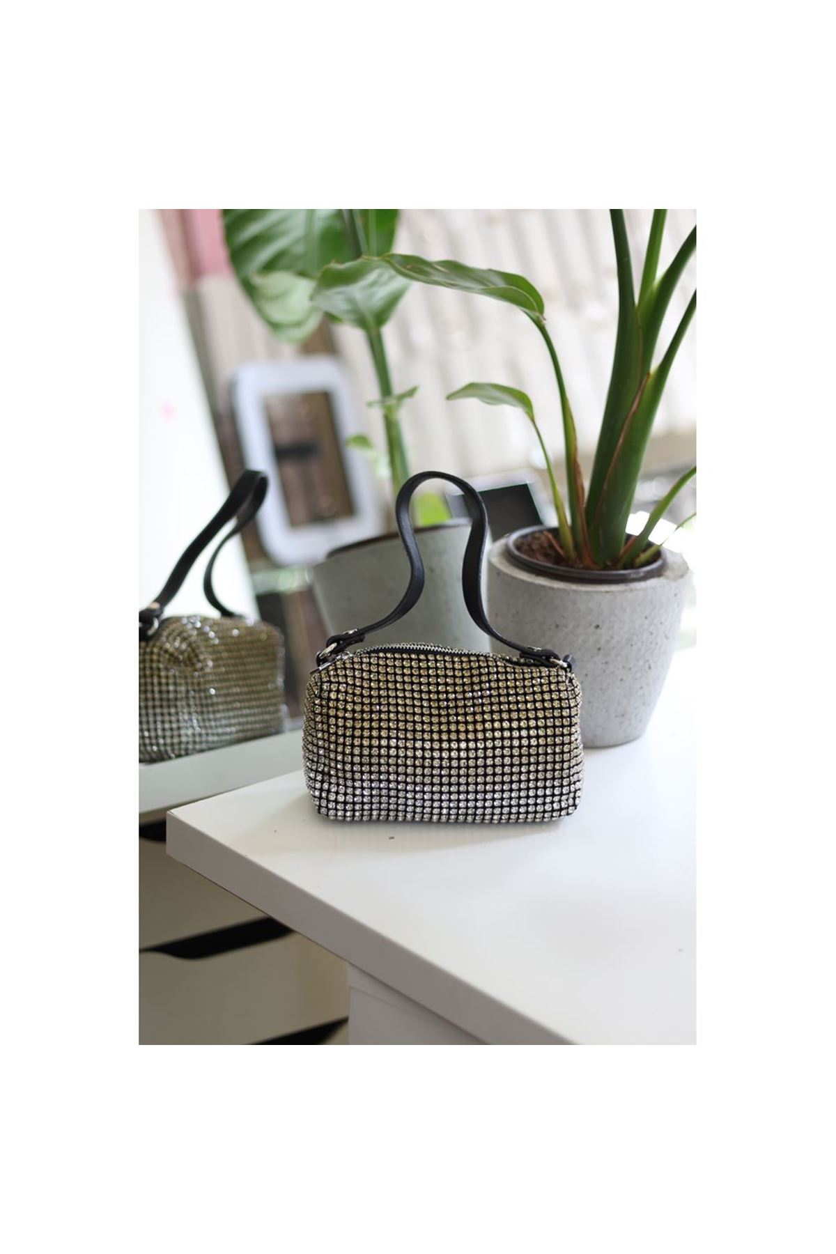 Kadın Silver Sarı 2 Renkli Detaylı Deri Askılı Taşlı Abiye Omuz Çantası