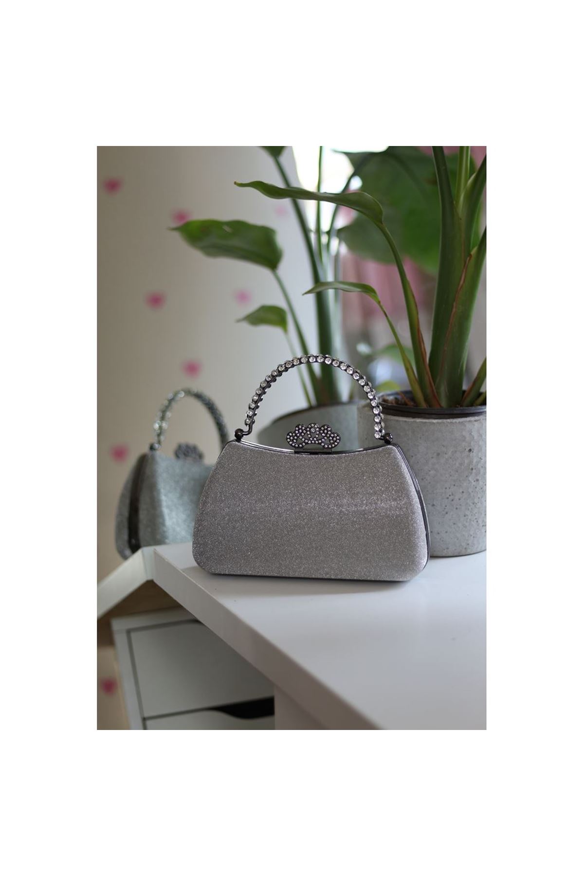 Kadın Platin Kristal Tutma Saplı Abiye El Çantası