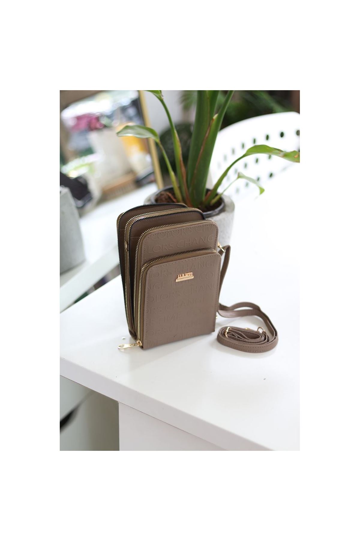 Kadın Vizon Kabartma Doku 3 Gözlü Kartlık Detaylı Telefon Çantası