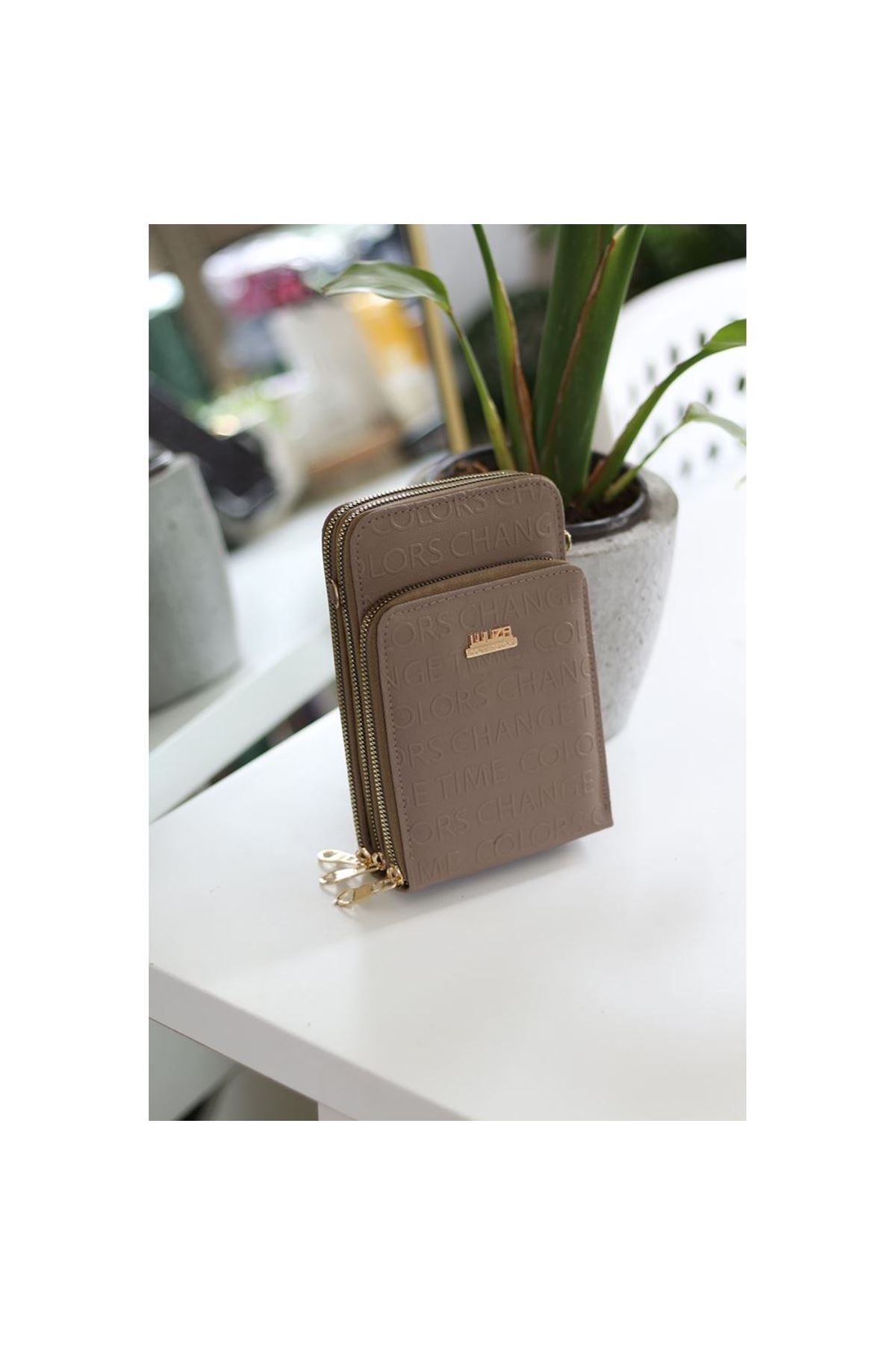 Kadın Vizon Kabartma Doku 3 Gözlü Kartlık Detaylı Telefon Çantası