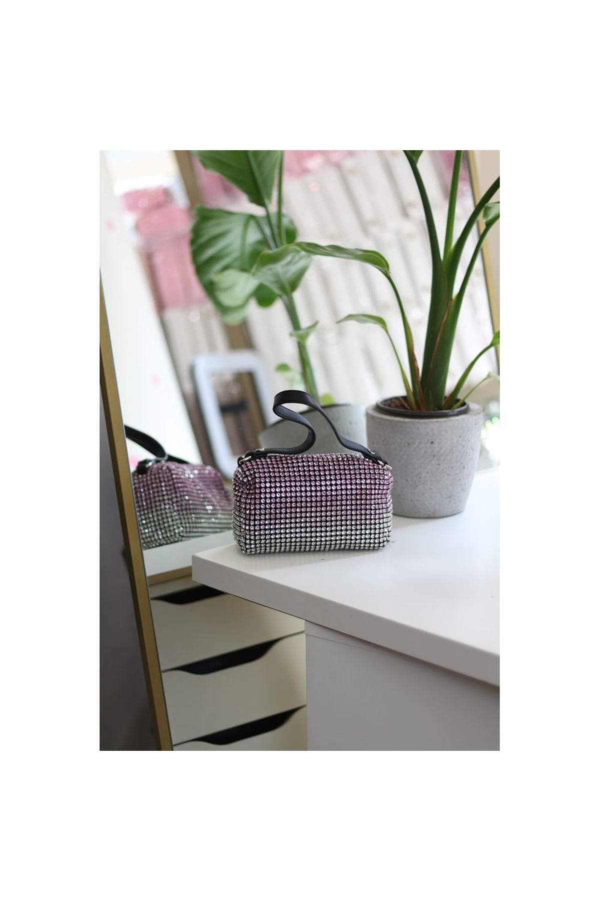 Kadın Silver Pembe 2 Renkli Detaylı Deri Askılı Taşlı Abiye Omuz Çantası