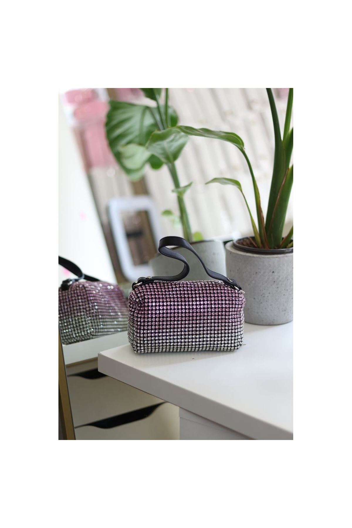 Kadın Silver Pembe 2 Renkli Detaylı Deri Askılı Taşlı Abiye Omuz Çantası