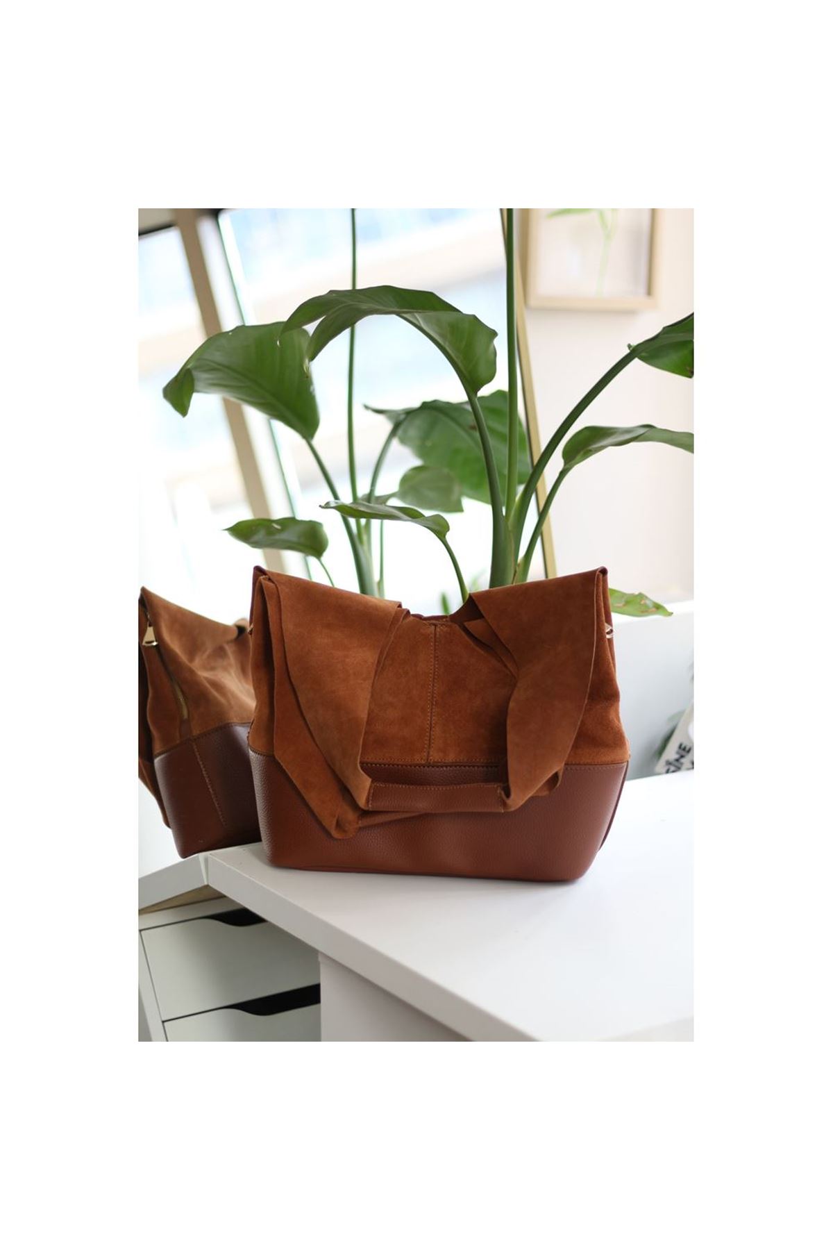 Kadın Taba Süet Ek Portföylü Büyük Boy Omuz Çantası