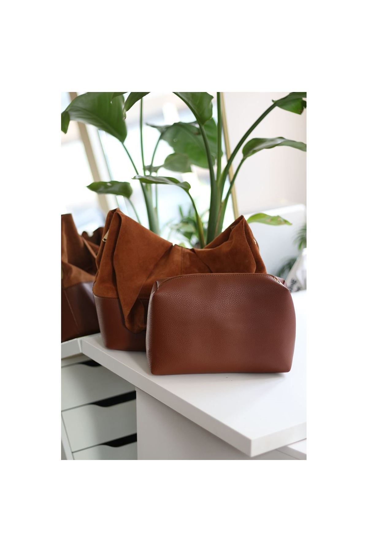 Kadın Taba Süet Ek Portföylü Büyük Boy Omuz Çantası