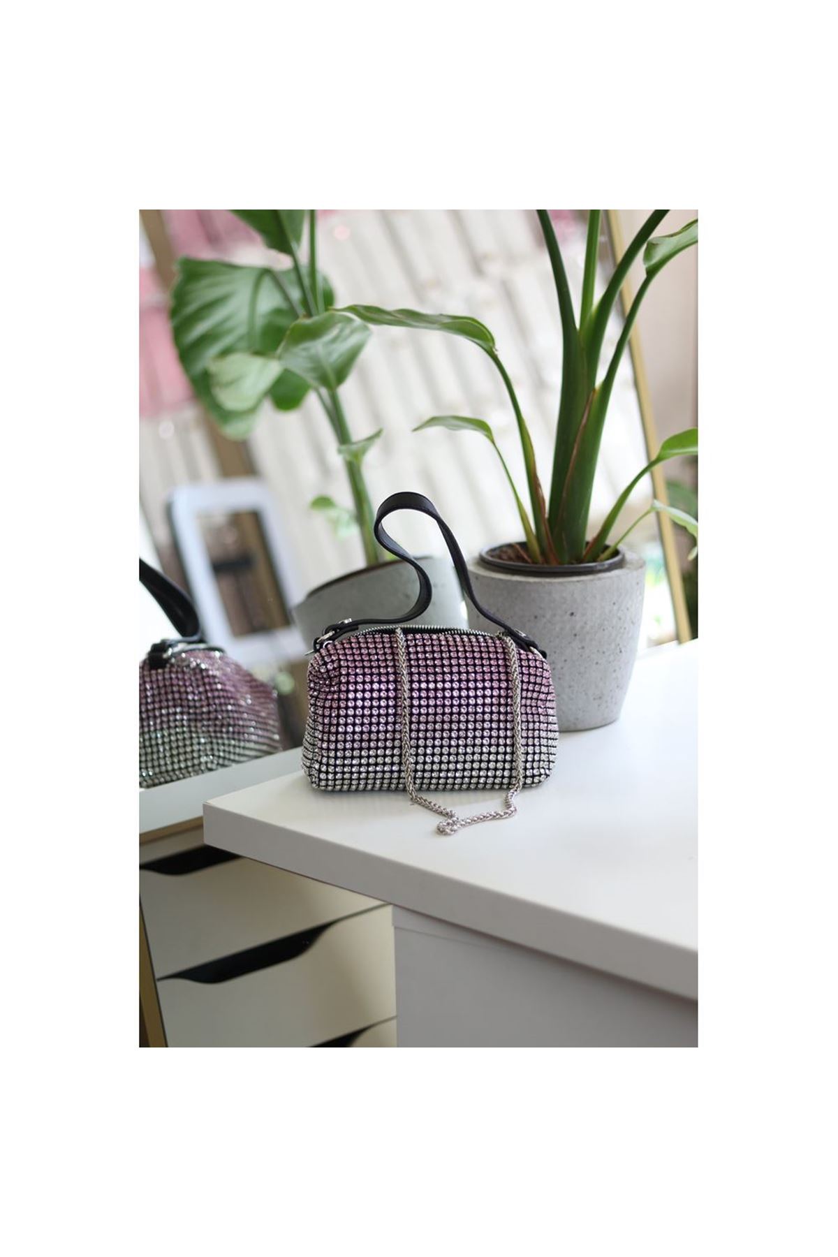 Kadın Silver Pembe 2 Renkli Detaylı Deri Askılı Taşlı Abiye Omuz Çantası