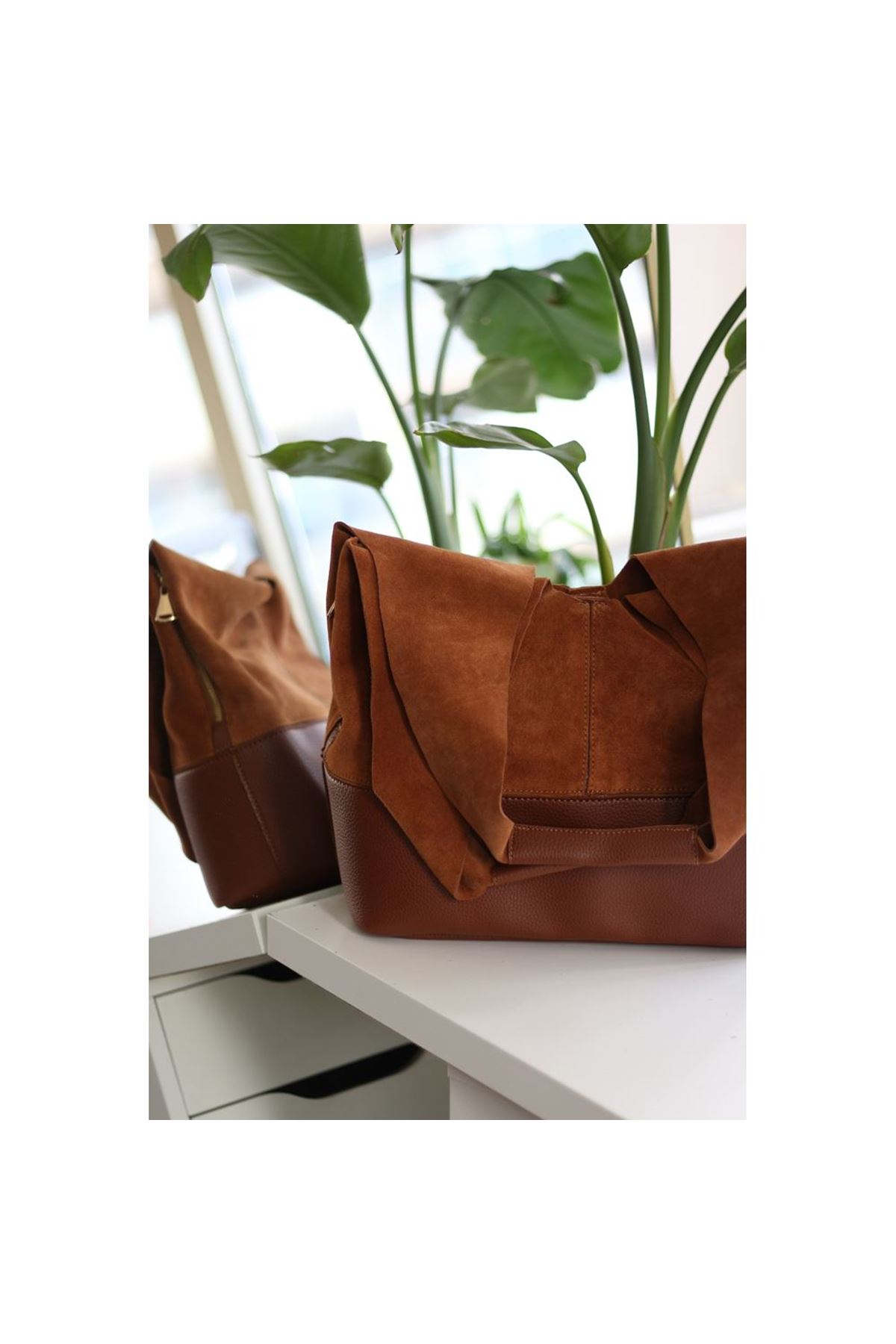 Kadın Taba Süet Ek Portföylü Büyük Boy Omuz Çantası