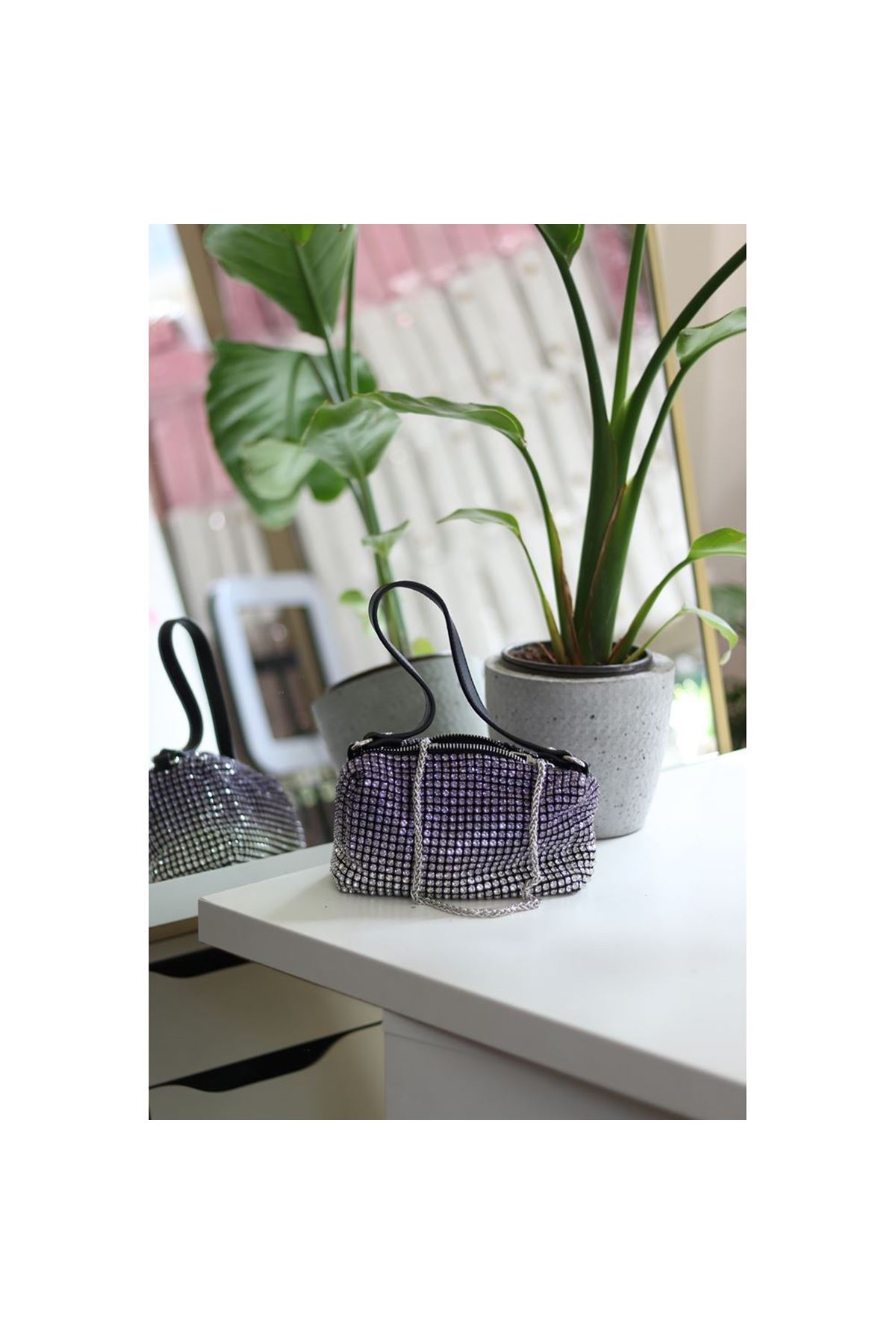 Kadın Silver Mor 2 Renkli Detaylı Deri Askılı Taşlı Abiye Omuz Çantası