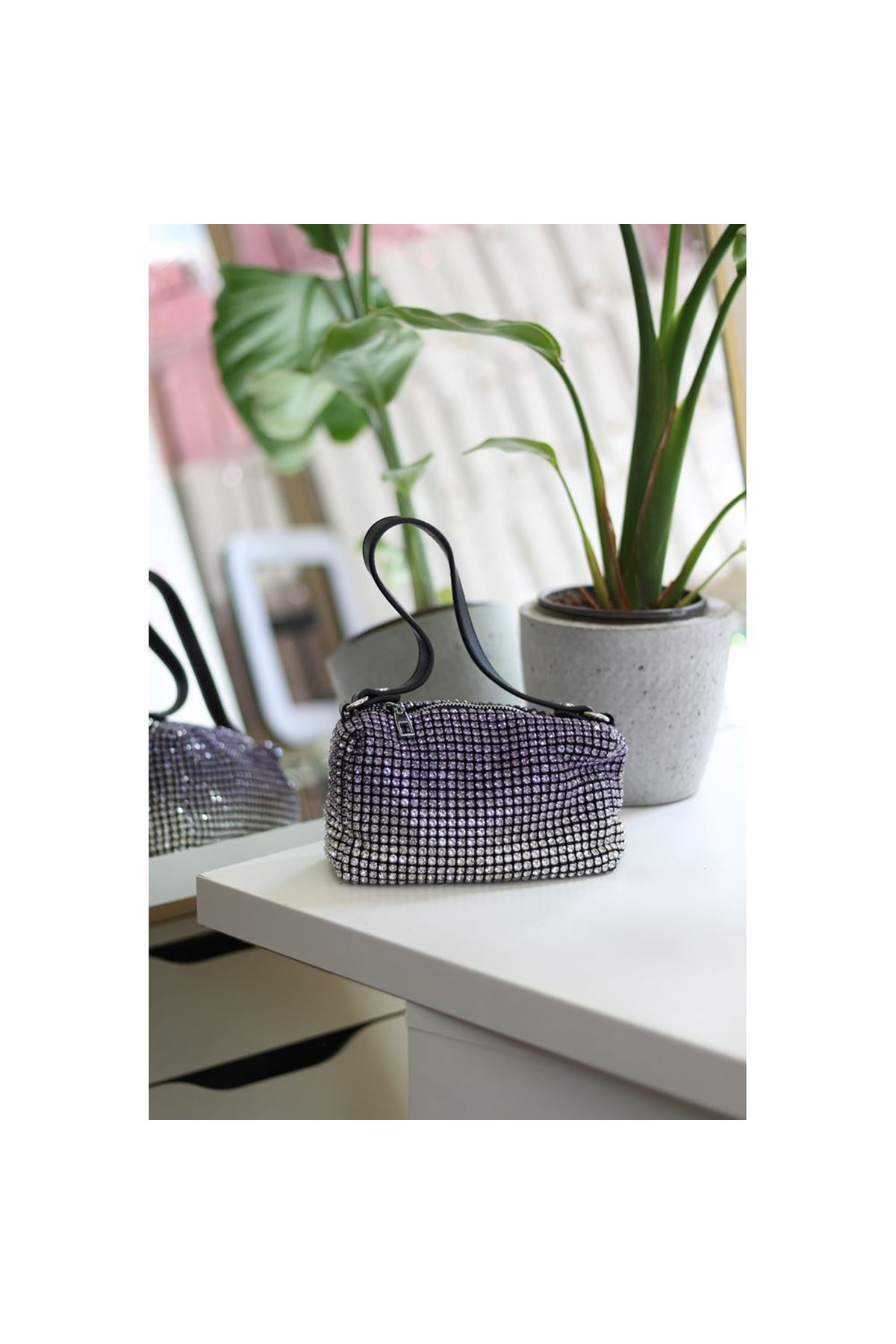 Kadın Silver Mor 2 Renkli Detaylı Deri Askılı Taşlı Abiye Omuz Çantası