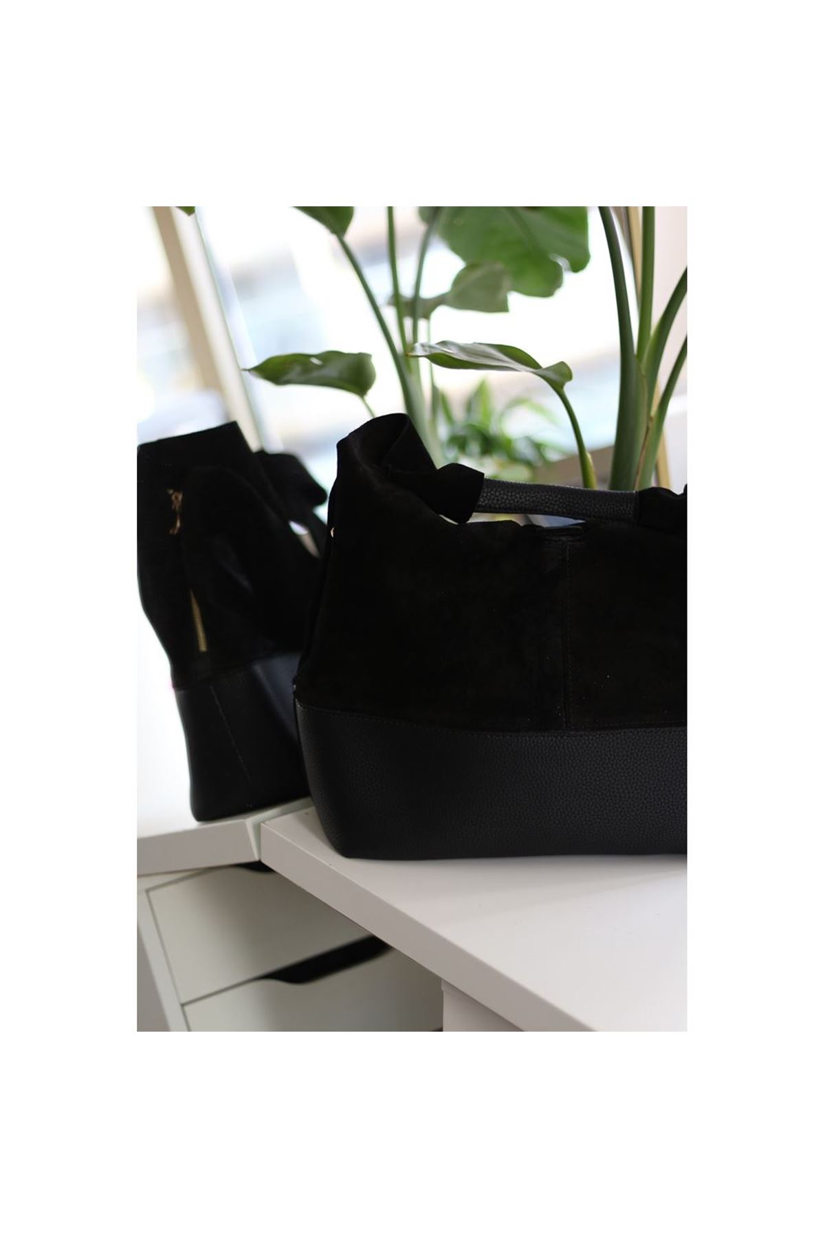 Kadın Siyah Süet Ek Portföylü Büyük Boy Omuz Çantası