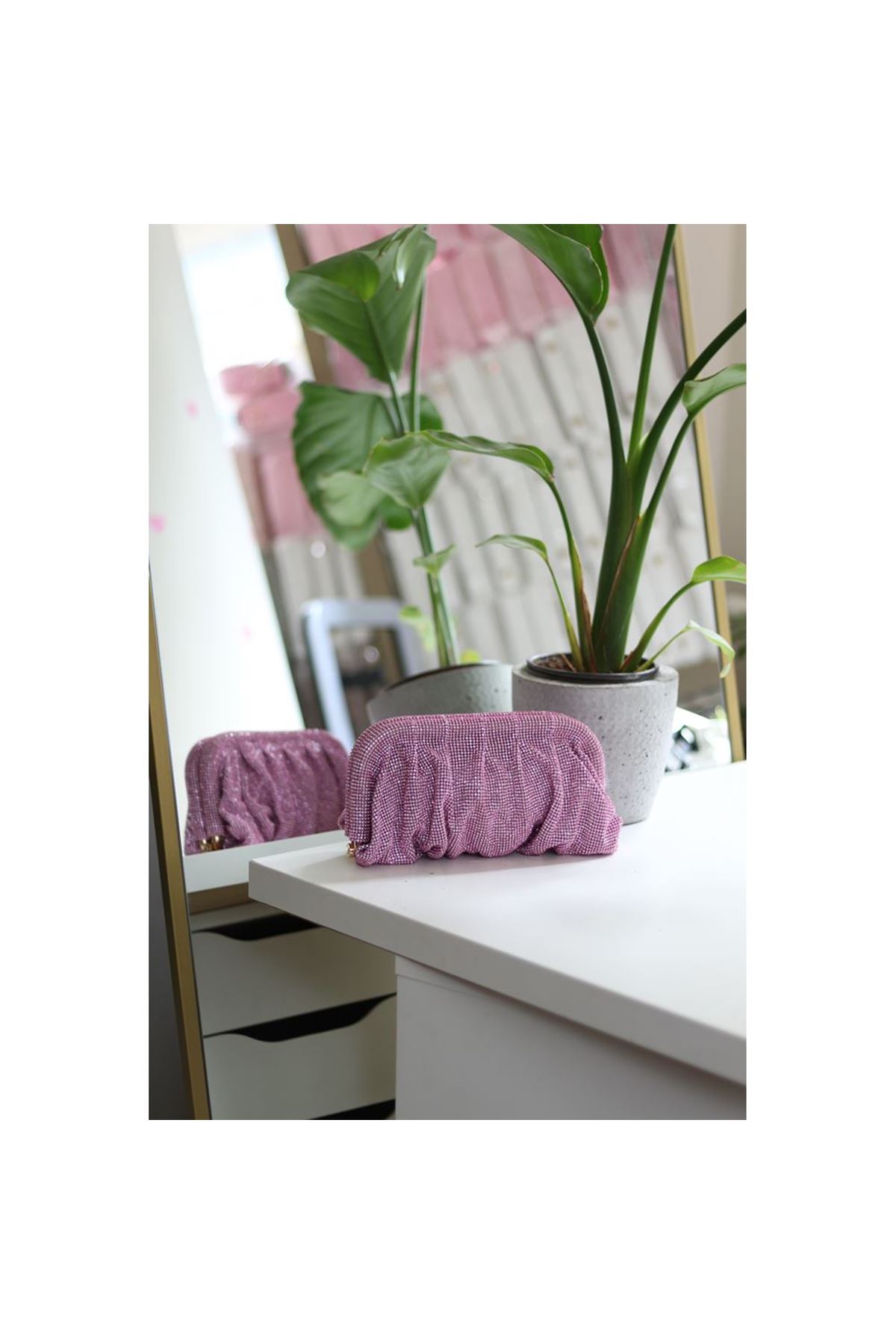 Kadın Pembe Taş Dokuma Burs Detaylı Abiye Çanta