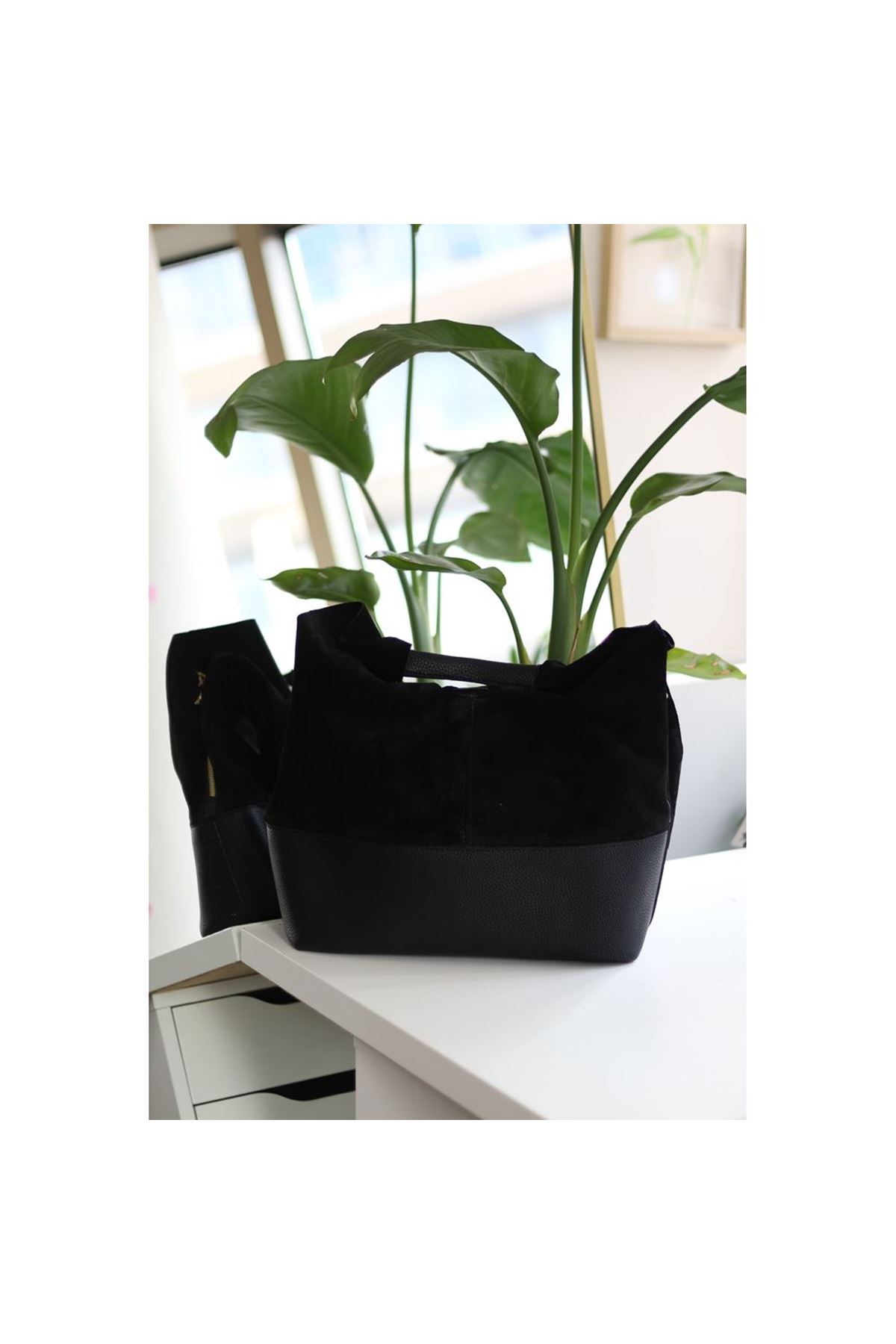 Kadın Siyah Süet Ek Portföylü Büyük Boy Omuz Çantası