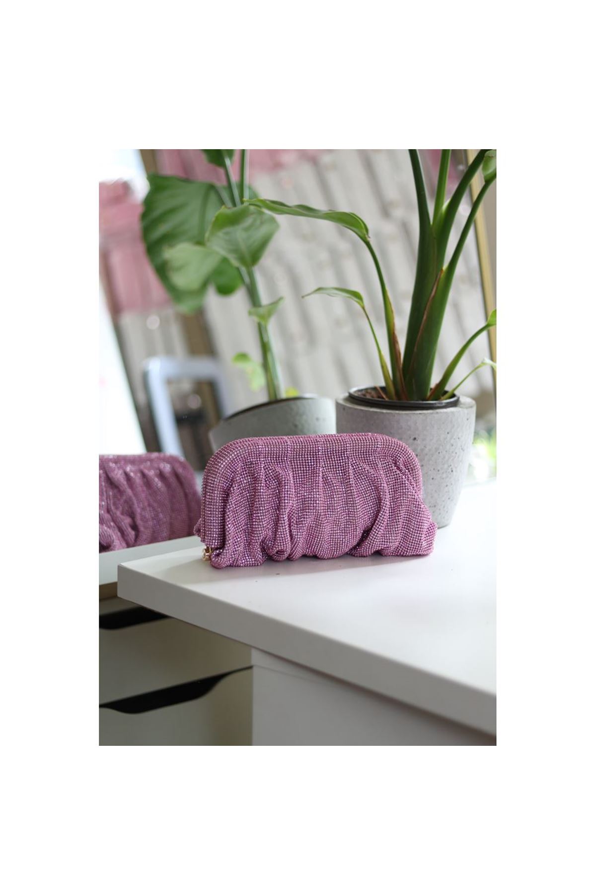 Kadın Pembe Taş Dokuma Burs Detaylı Abiye Çanta