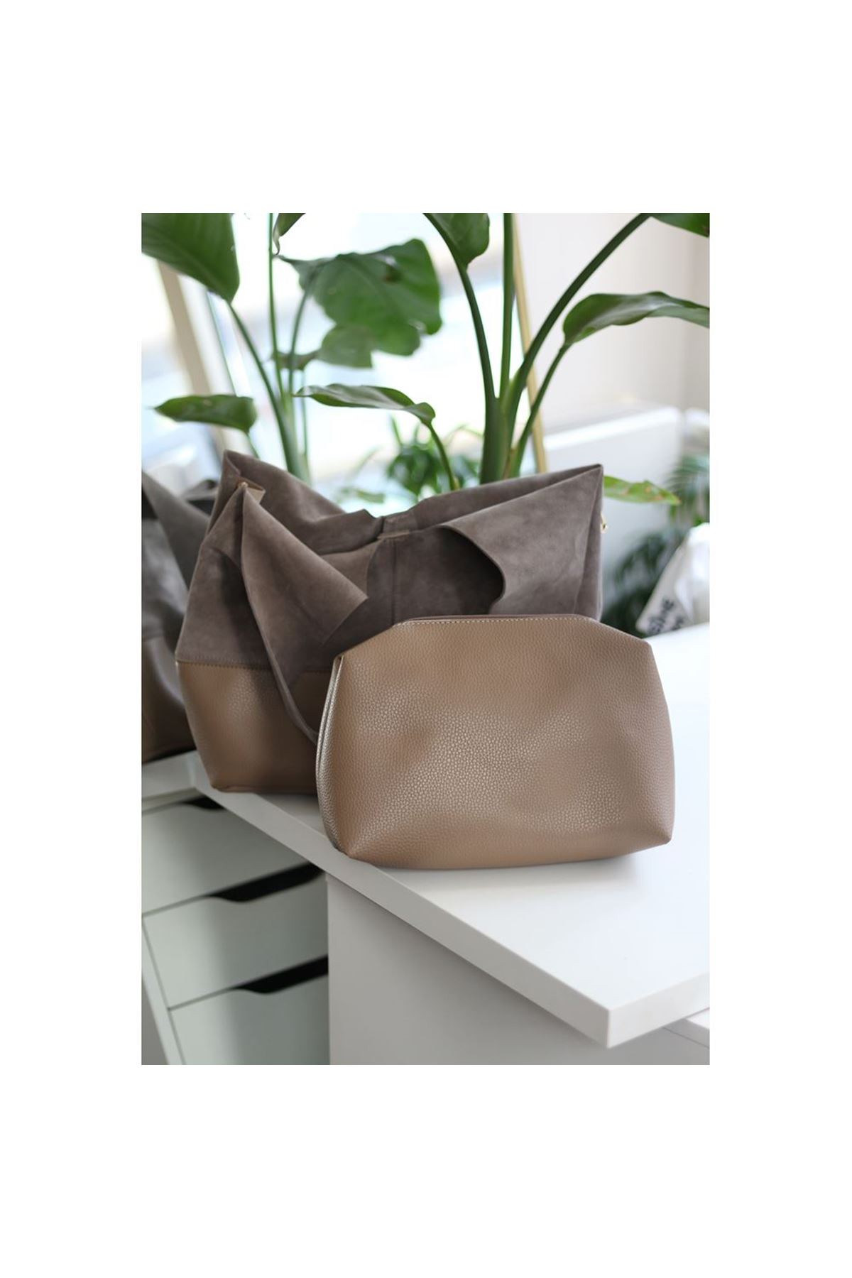 Kadın Vizon Süet Ek Portföylü Büyük Boy Omuz Çantası