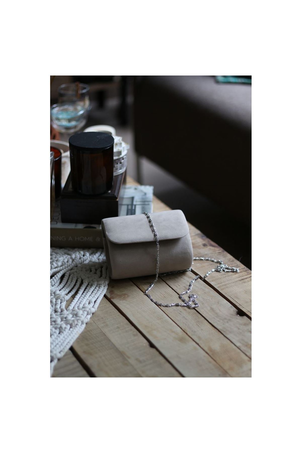 Kadın Vizon Süet Mini Portföy Abiye Çanta