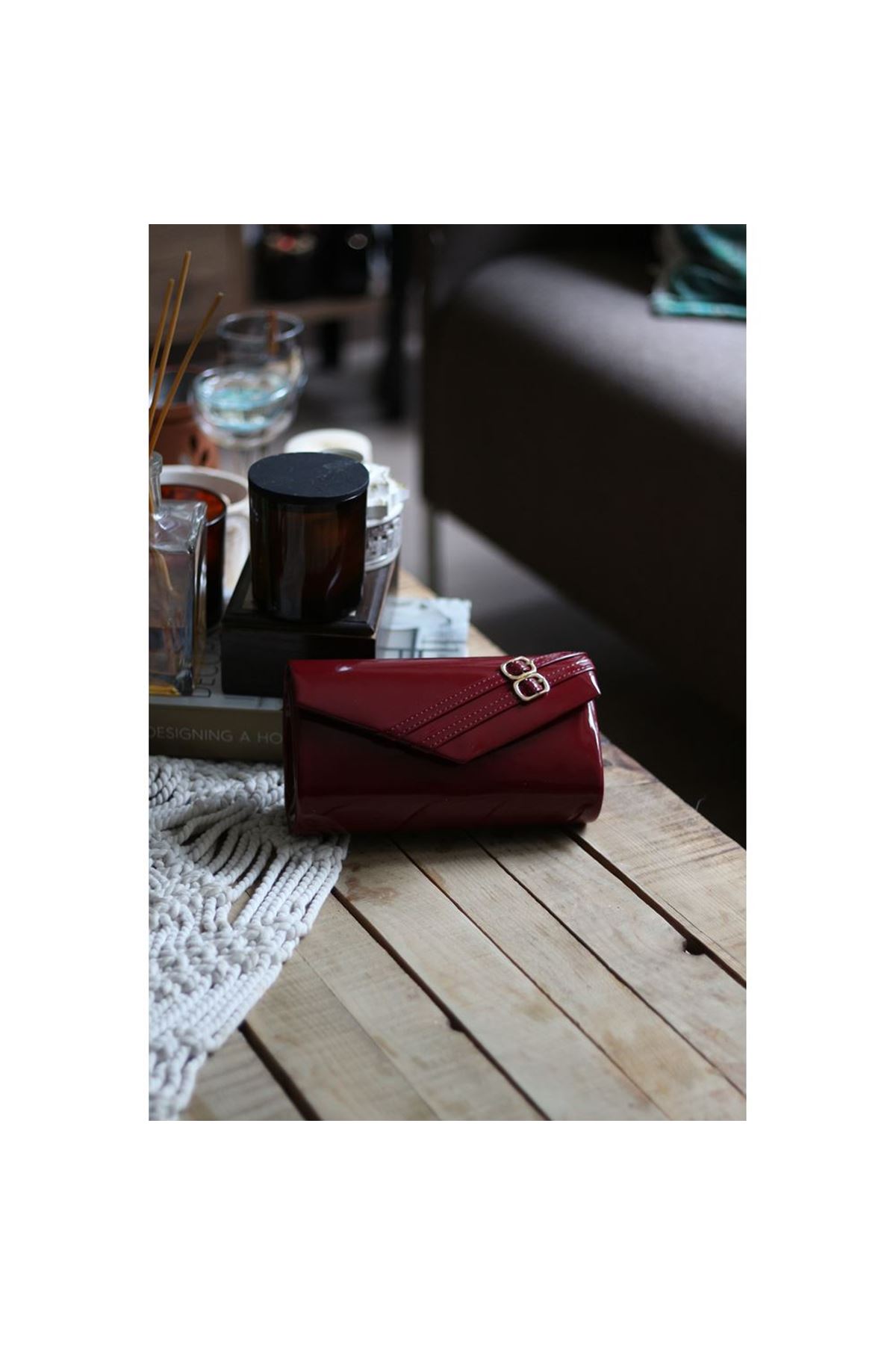 Kadın Bordo Rugan Çift Kemer Detaylı Abiye El Çantası