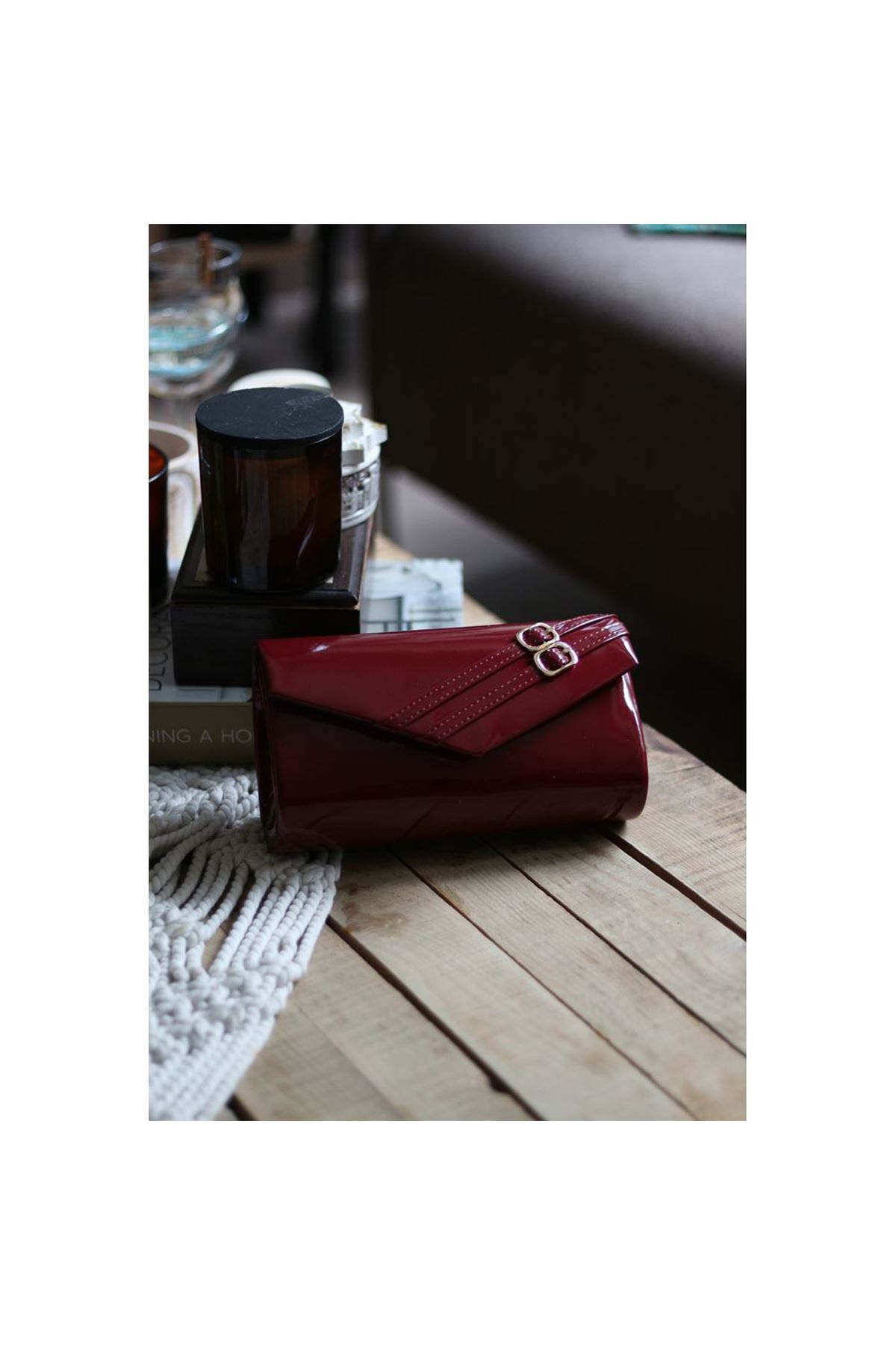 Kadın Bordo Rugan Çift Kemer Detaylı Abiye El Çantası