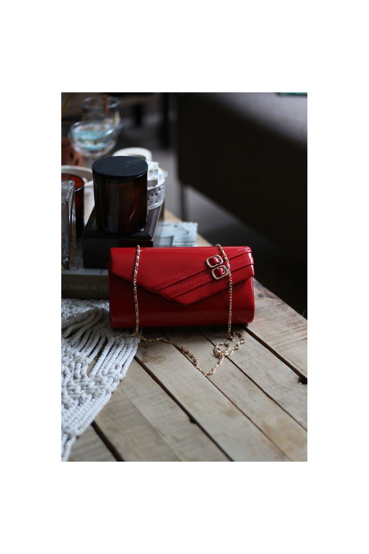 Kadın Kırmızı Rugan Çift Kemer Detaylı Abiye El Çantası