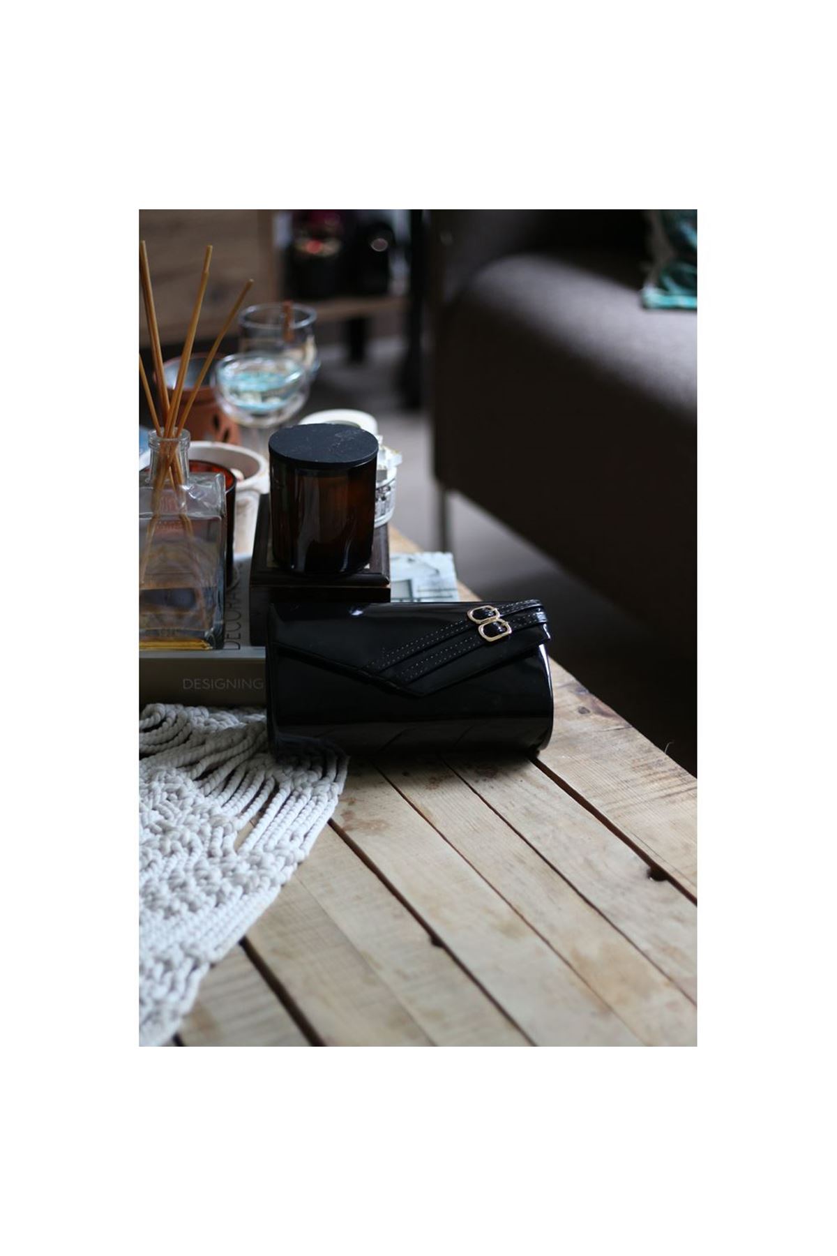 Kadın Siyah Rugan Çift Kemer Detaylı Abiye El Çantası