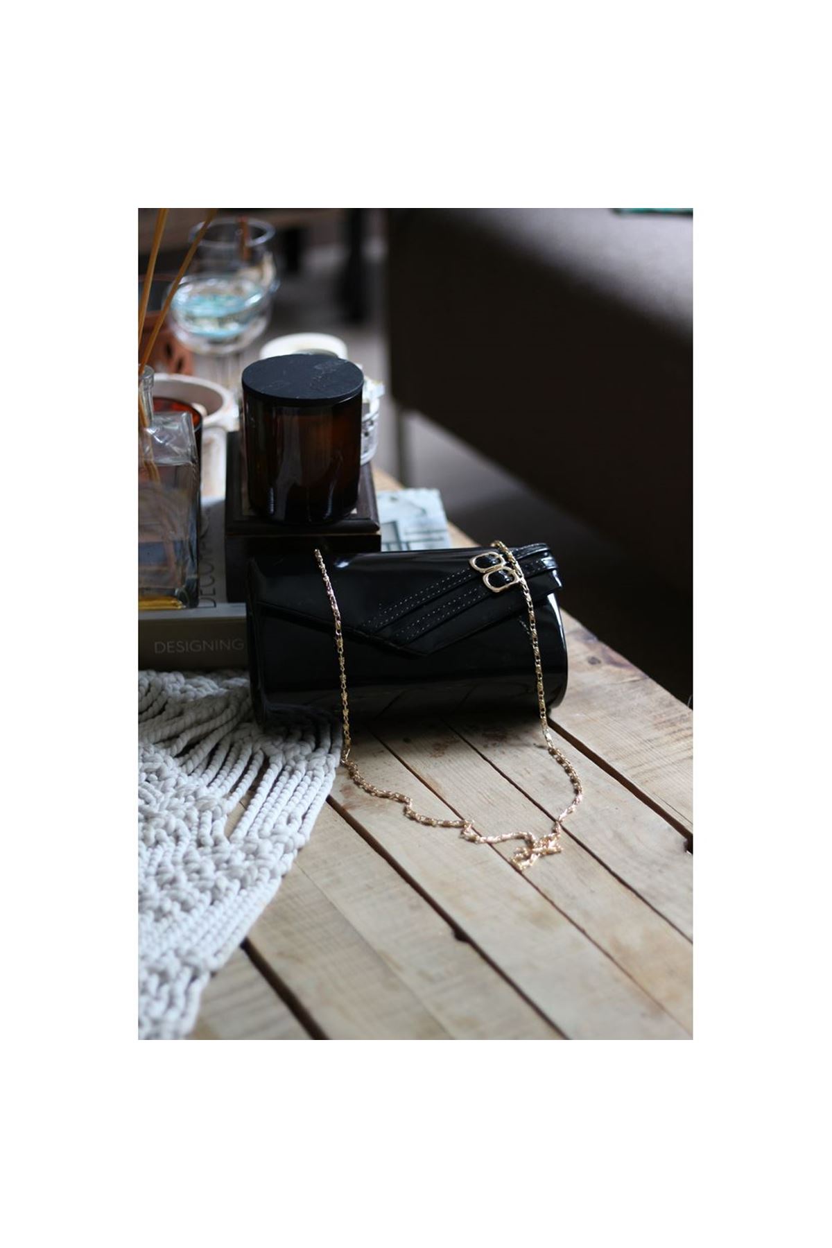 Kadın Siyah Rugan Çift Kemer Detaylı Abiye El Çantası