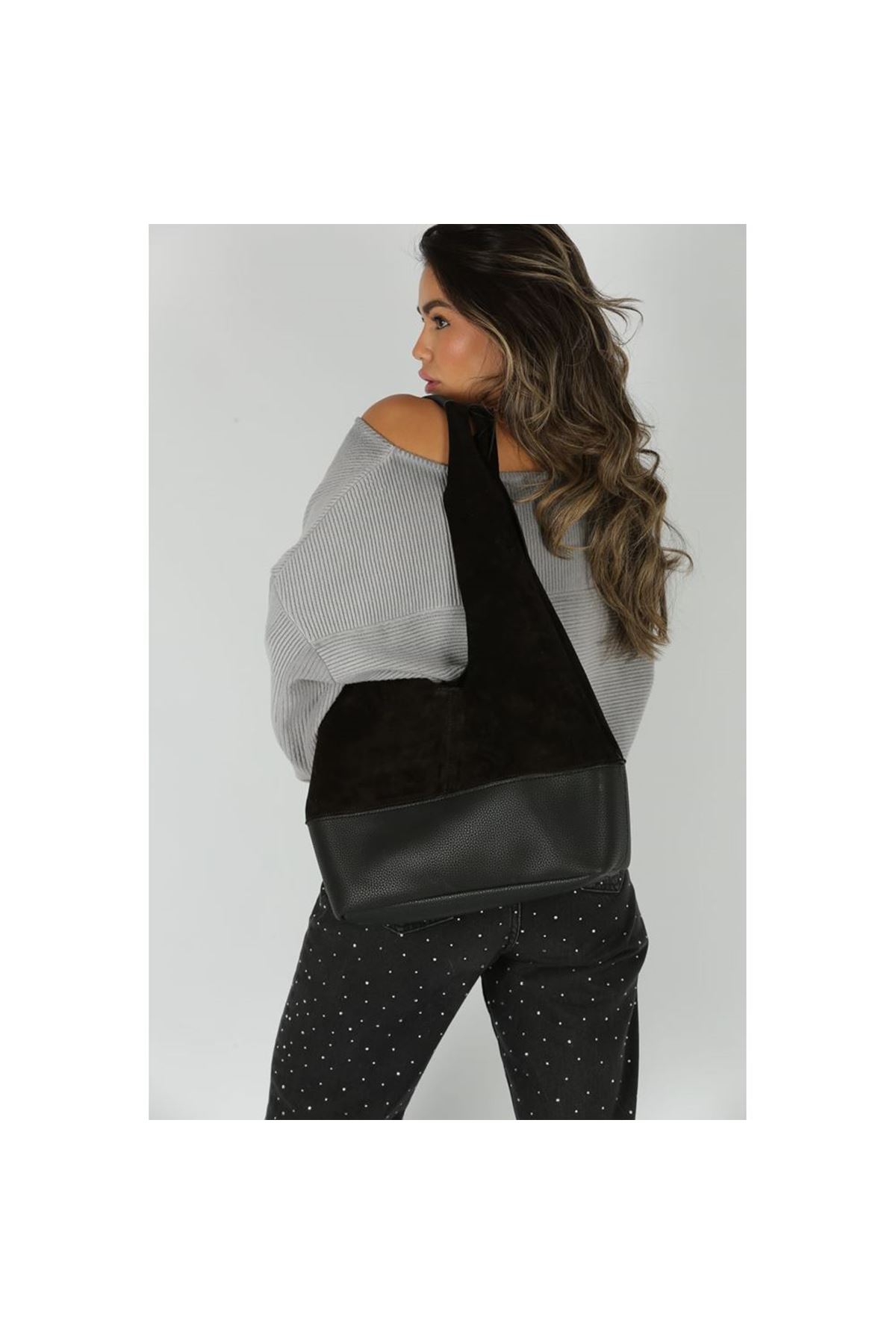 Kadın Siyah Süet Ek Portföyl Büyük Boy Omuz Çantası