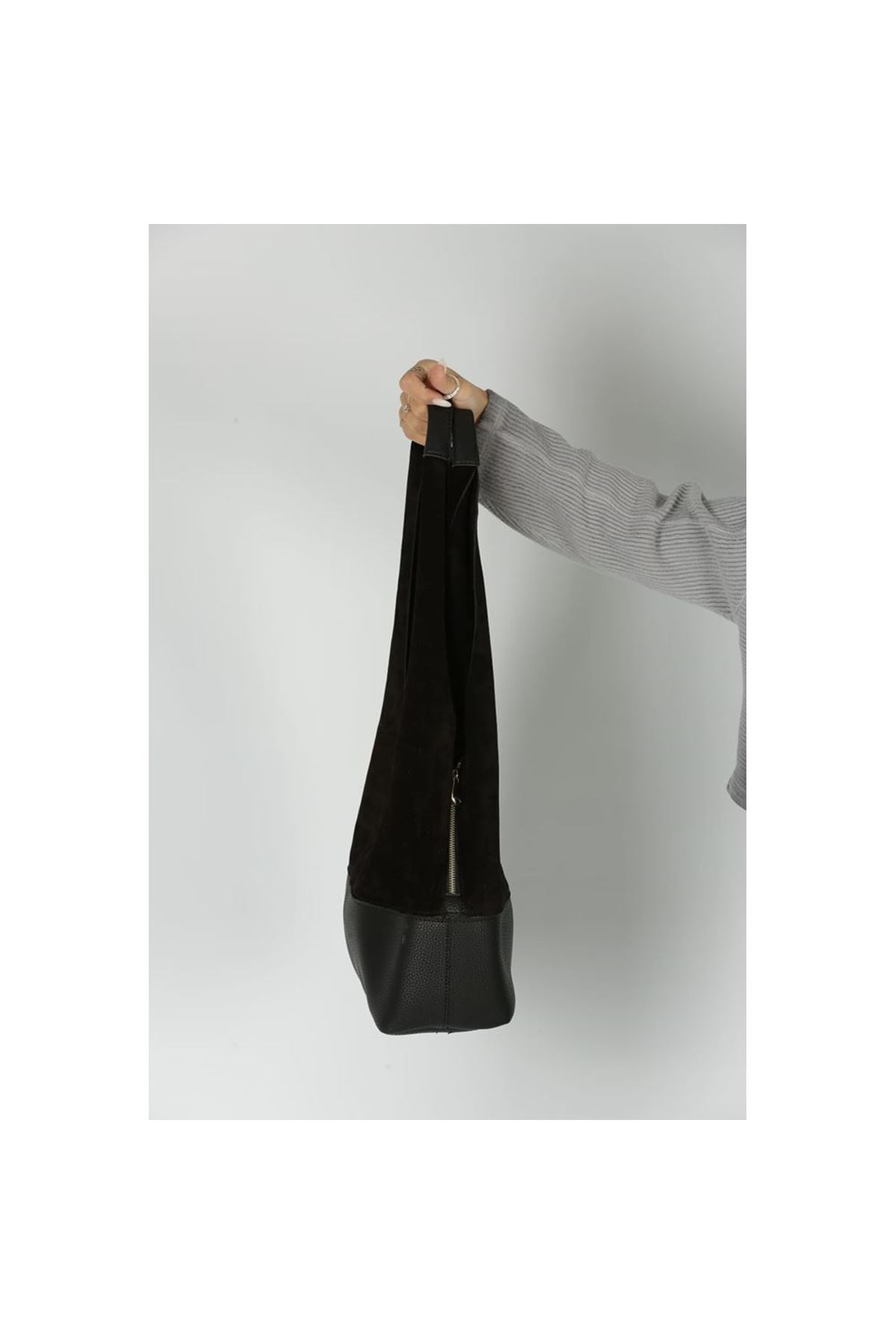 Kadın Siyah Süet Ek Portföyl Büyük Boy Omuz Çantası