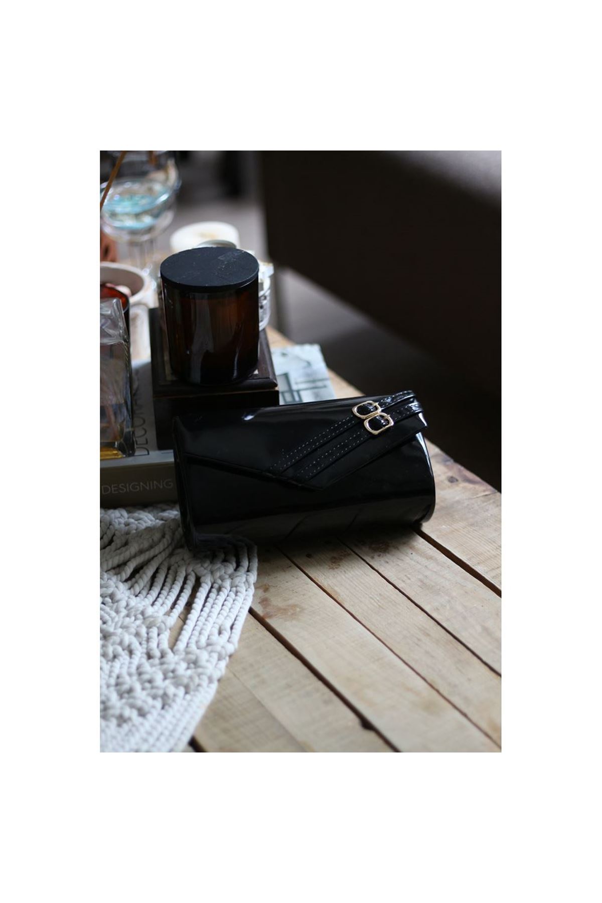 Kadın Siyah Rugan Çift Kemer Detaylı Abiye El Çantası