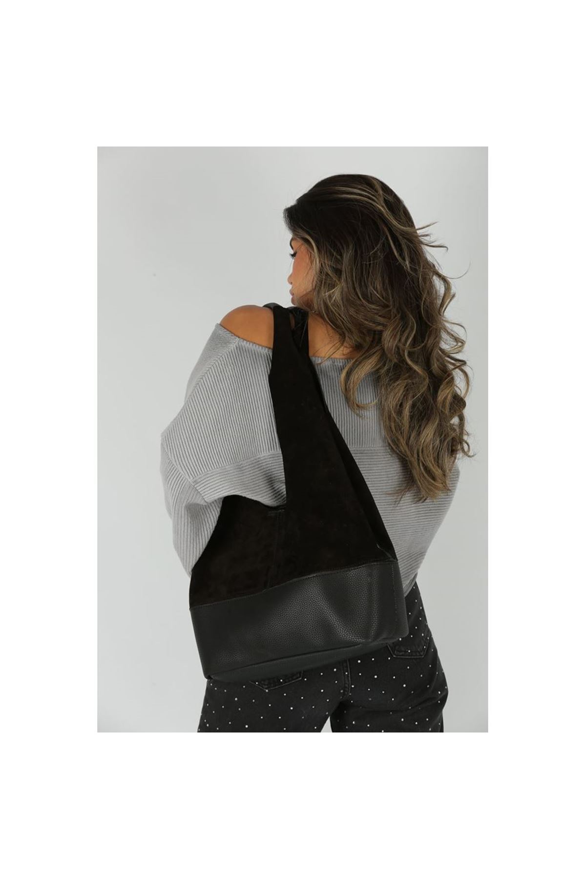 Kadın Siyah Süet Ek Portföyl Büyük Boy Omuz Çantası