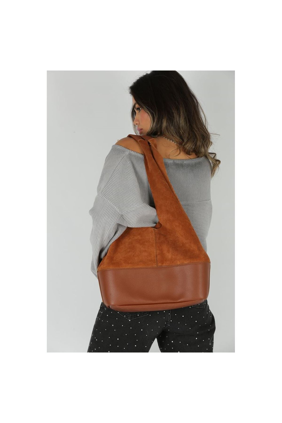 Kadın Taba Süet Ek Portföyl Büyük Boy Omuz Çantası