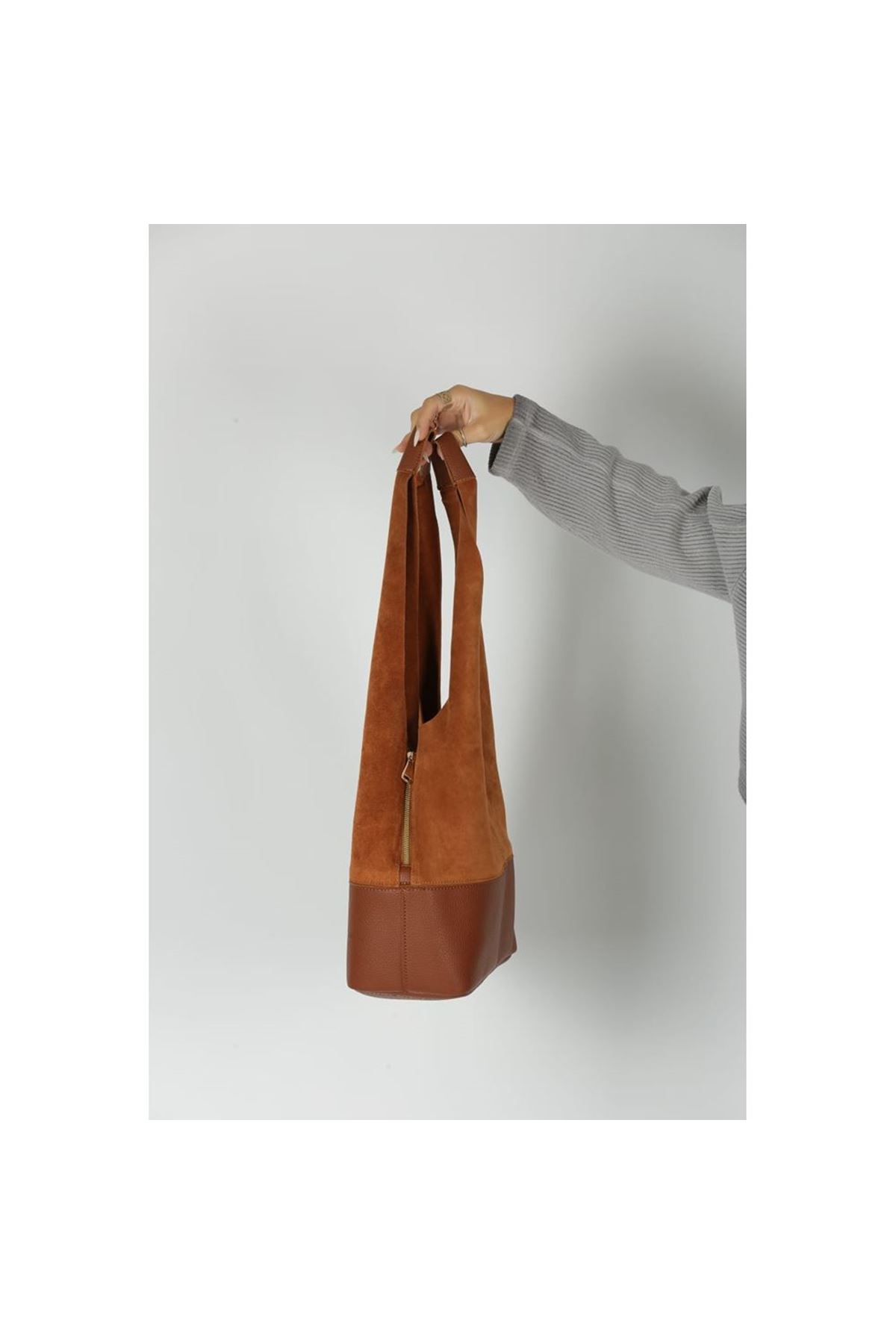 Kadın Taba Süet Ek Portföyl Büyük Boy Omuz Çantası