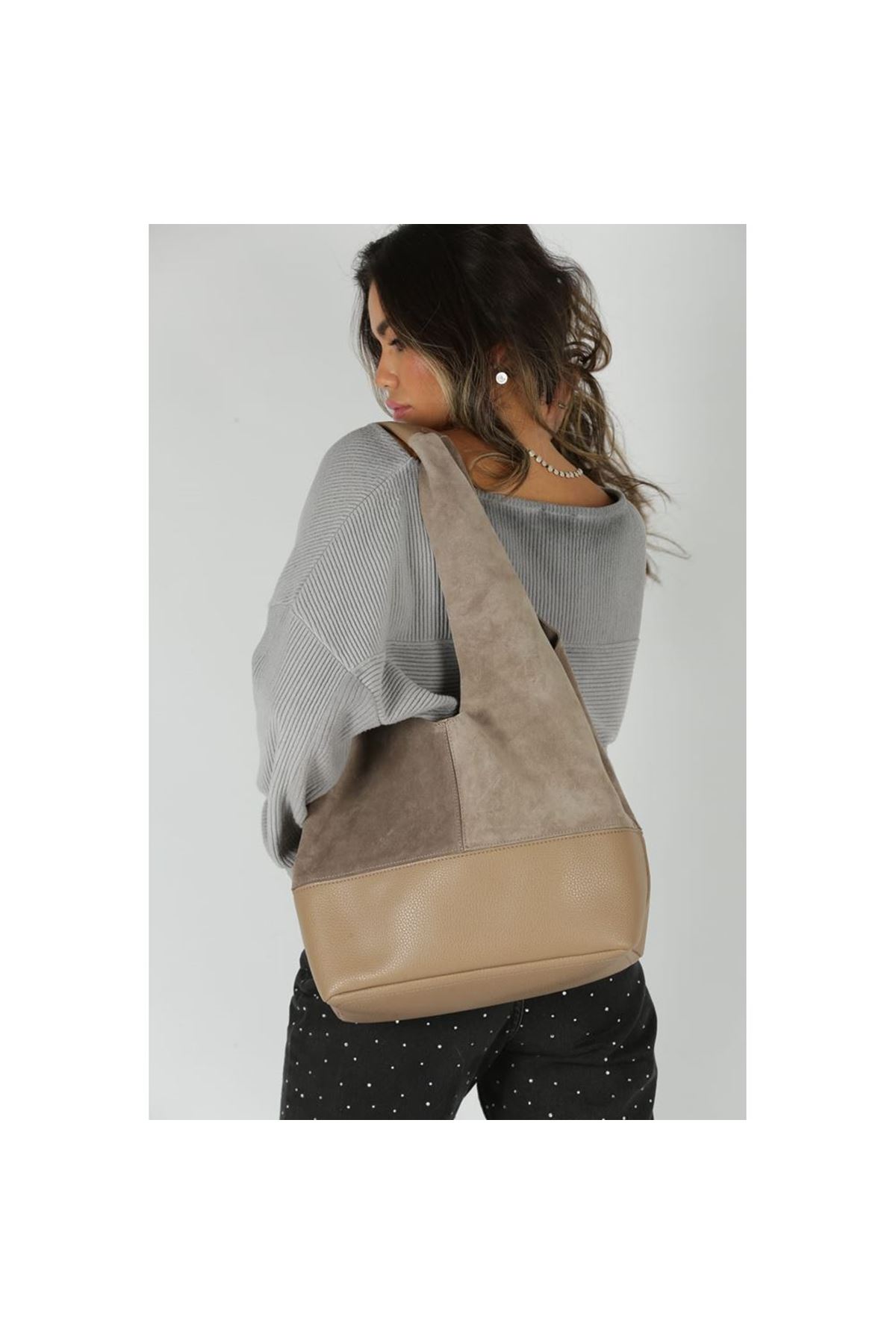 Kadın Krem Süet Ek Portföyl Büyük Boy Omuz Çantası