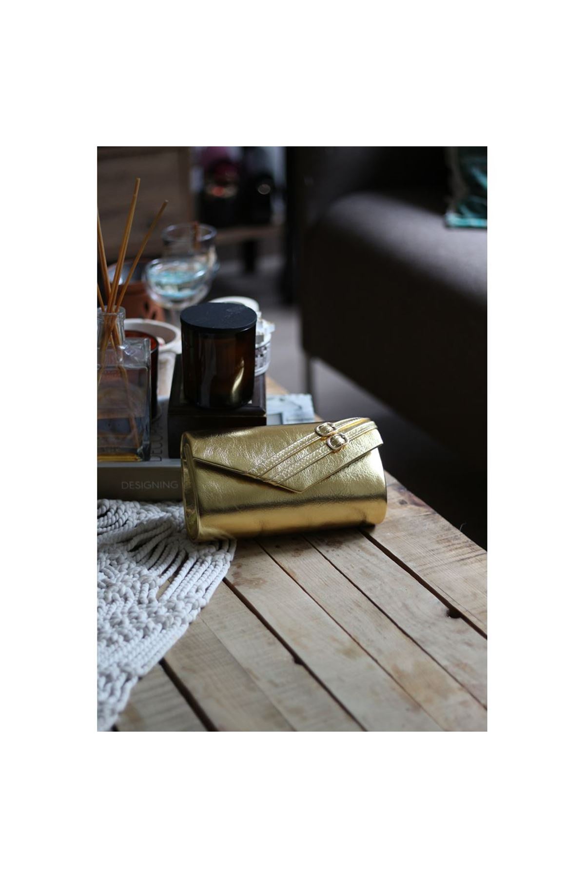 Kadın Gold Çift Kemer Detaylı Abiye El Çantası