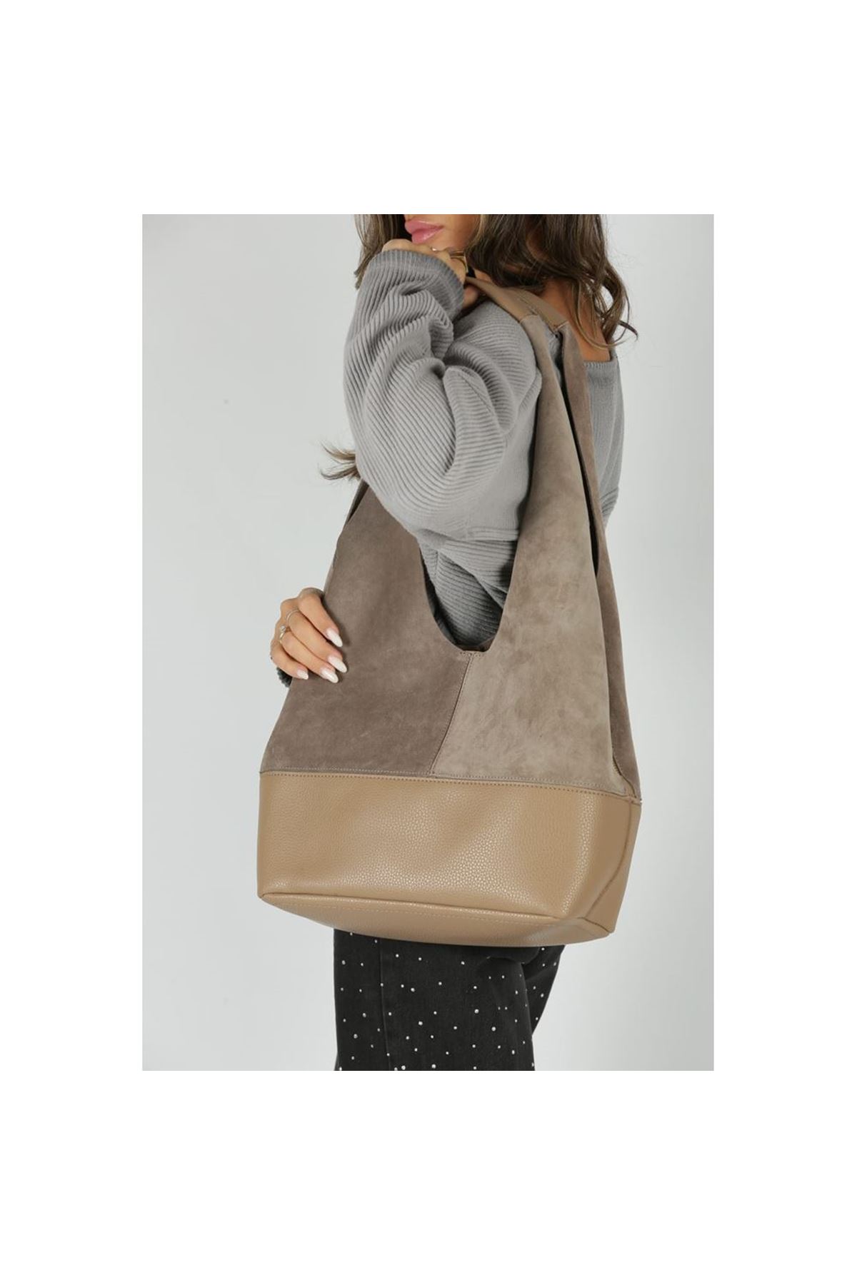 Kadın Krem Süet Ek Portföyl Büyük Boy Omuz Çantası