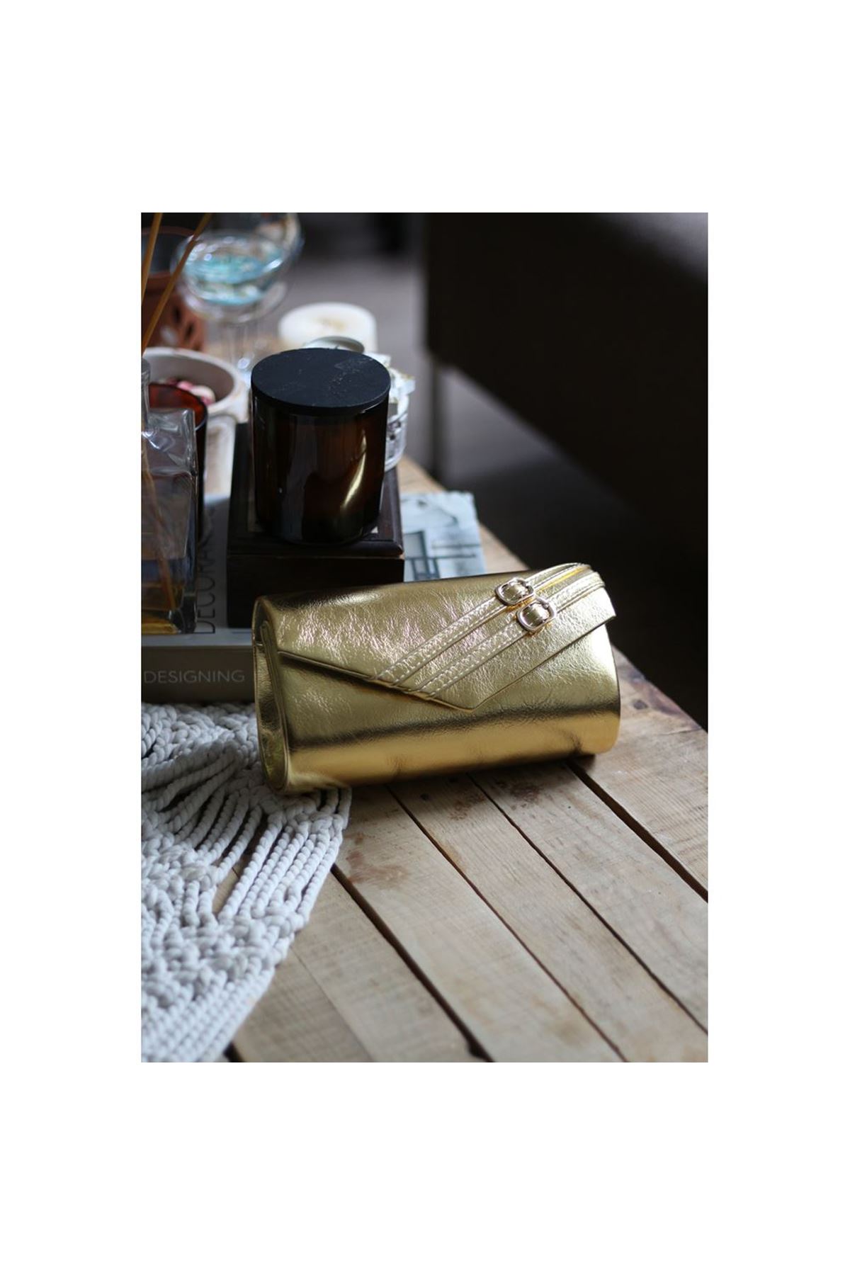 Kadın Gold Çift Kemer Detaylı Abiye El Çantası