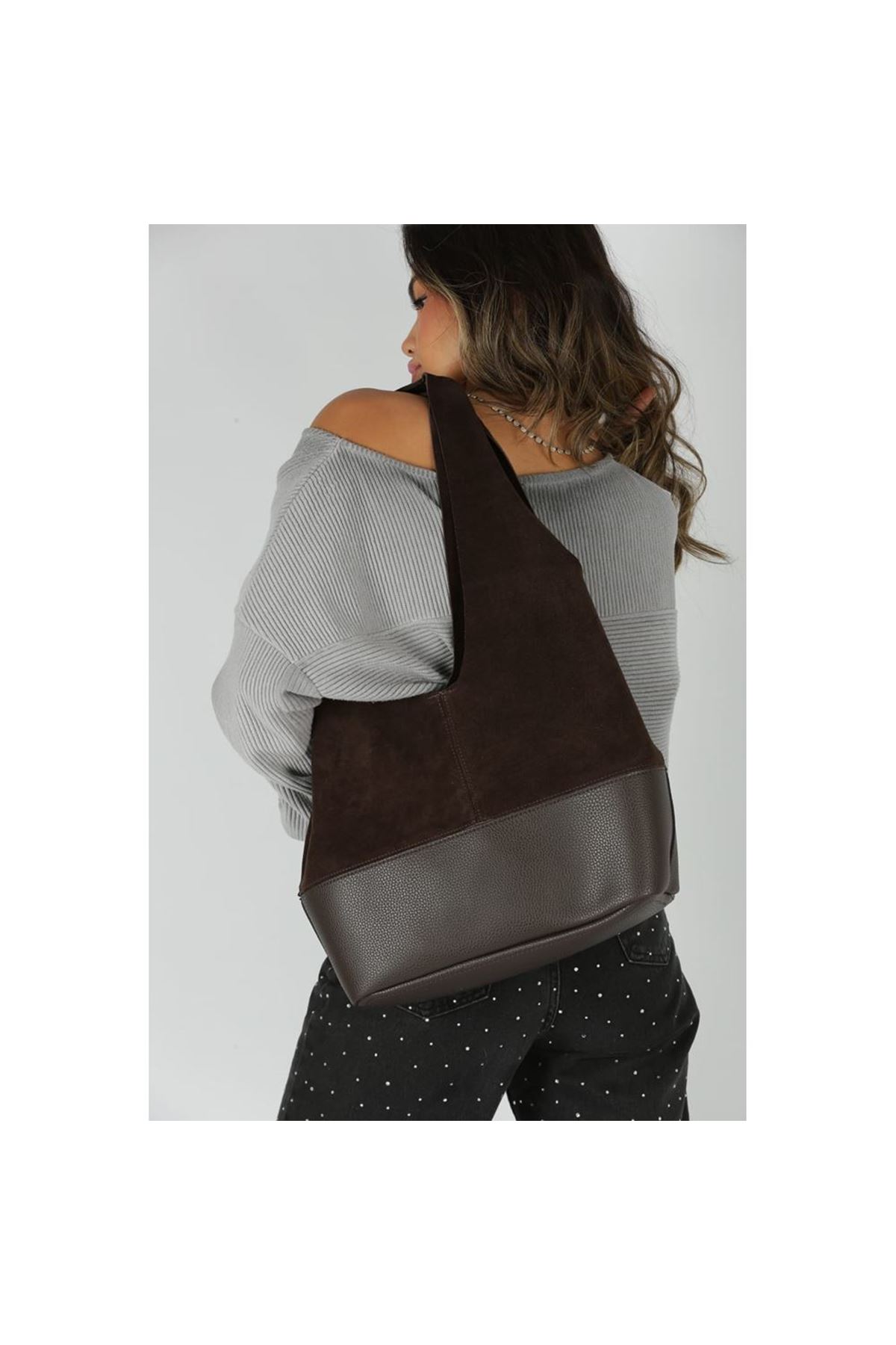 Kadın Acı Kahve Süet Ek Portföyl Büyük Boy Omuz Çantası