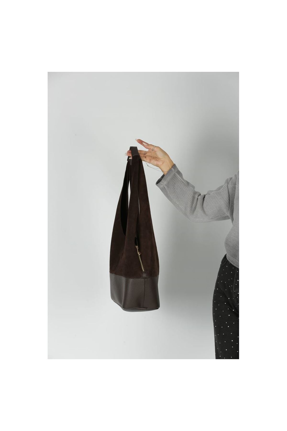 Kadın Acı Kahve Süet Ek Portföyl Büyük Boy Omuz Çantası