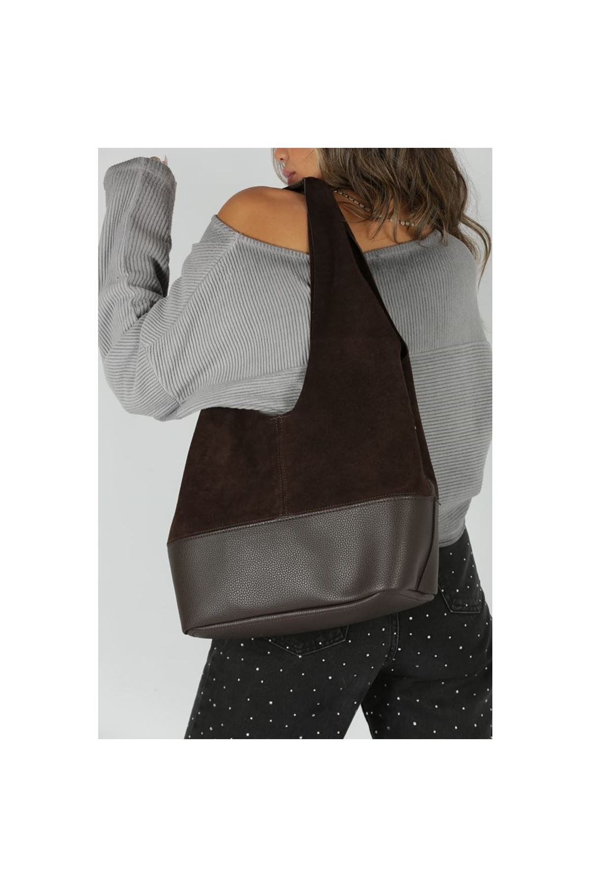 Kadın Acı Kahve Süet Ek Portföyl Büyük Boy Omuz Çantası