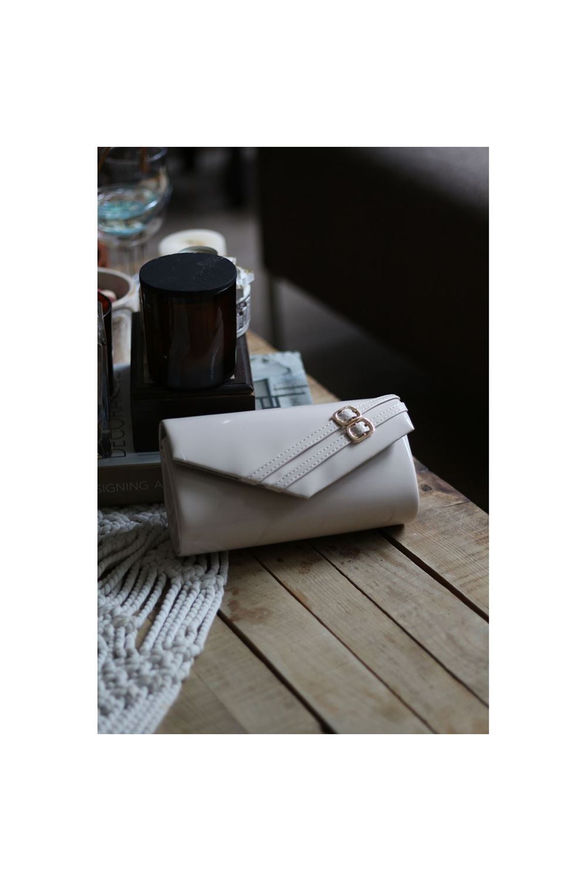 Kadın Krem Rugan Çift Kemer Detaylı Abiye El Çantası