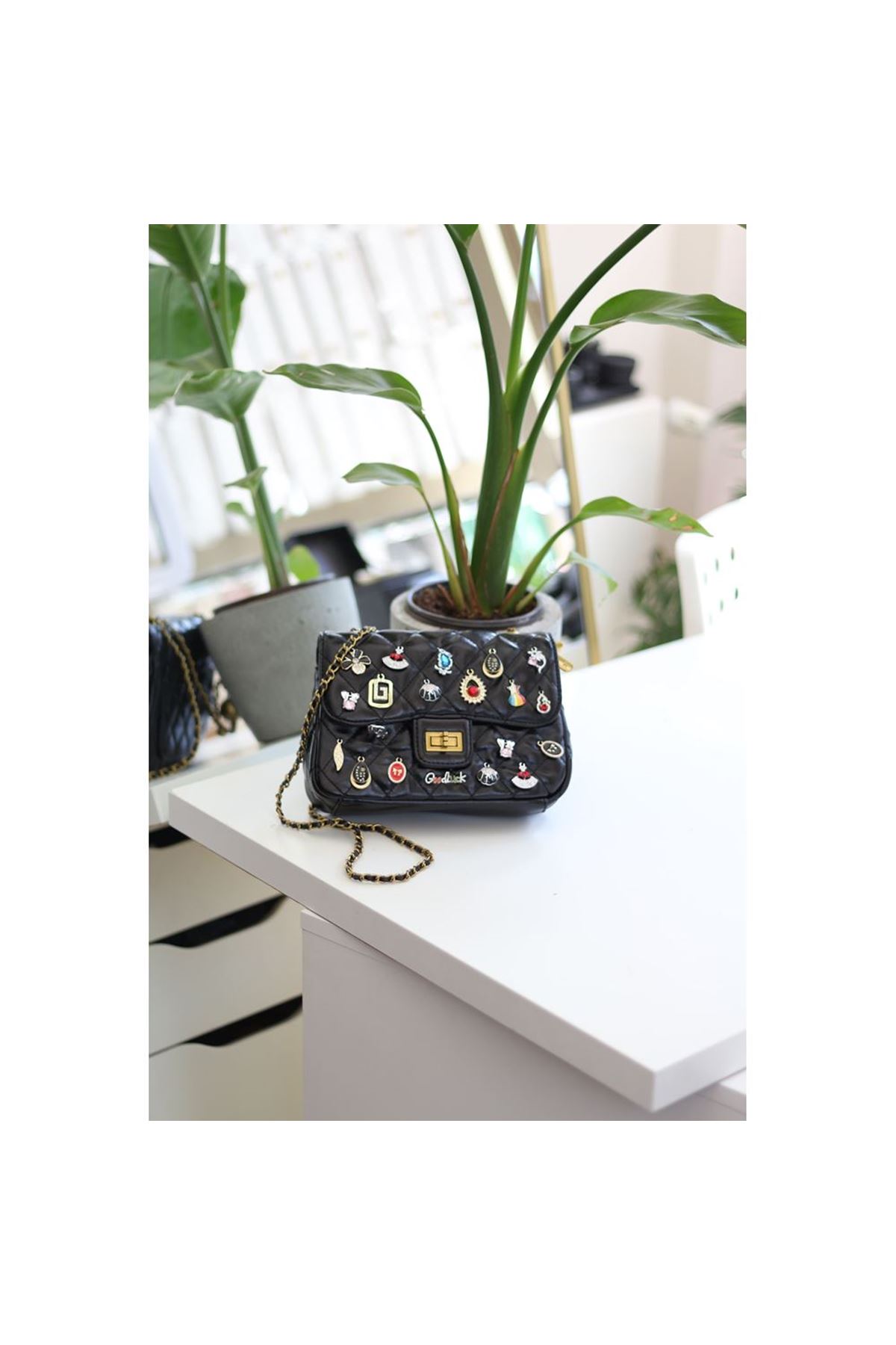 Kadın Siyah Taş Aksesuar Detaylı Ayarlanabilir Askılı Omuz Çantası