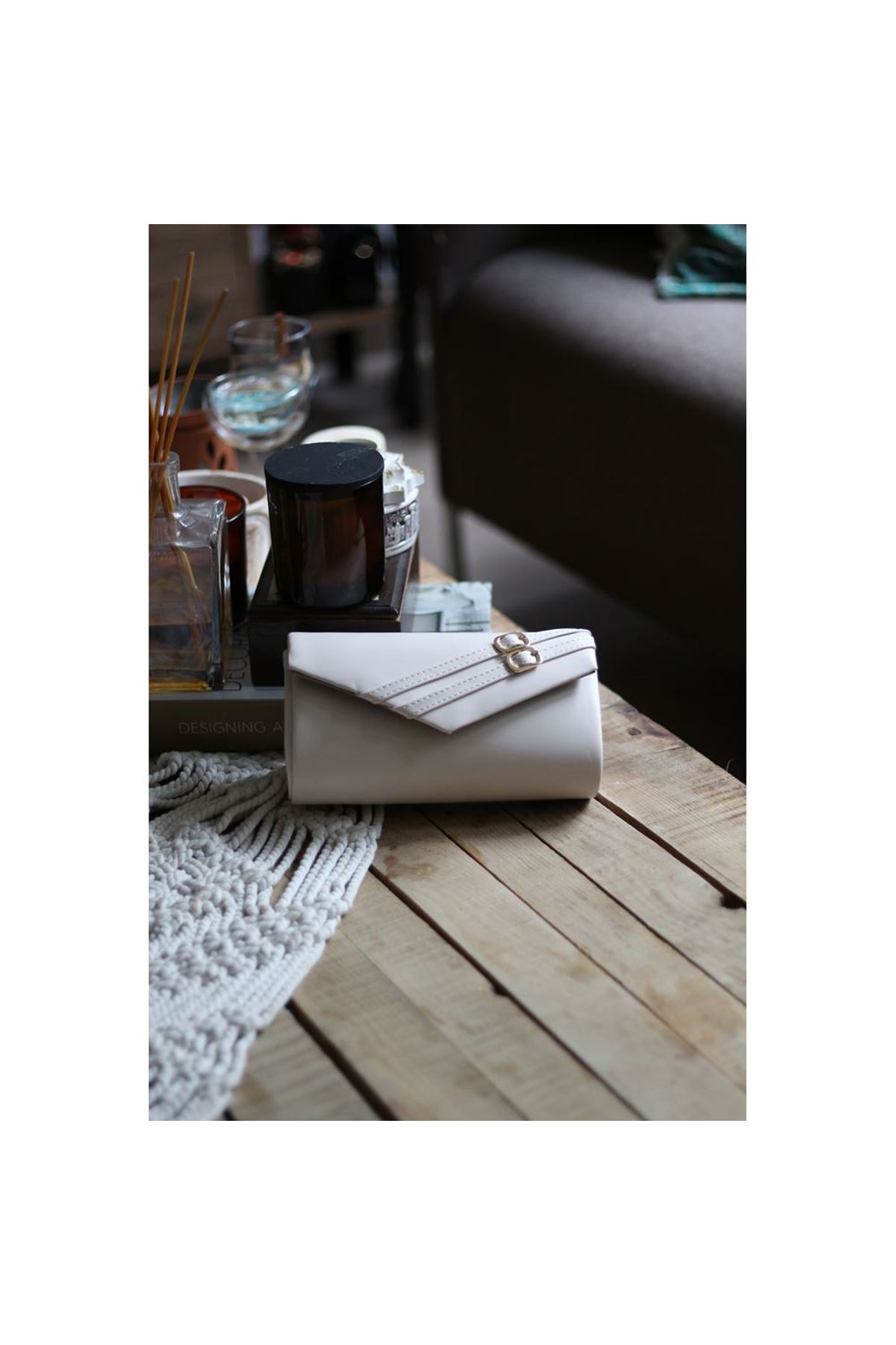 Kadın Mat Krem Çift Kemer Detaylı Abiye El Çantası