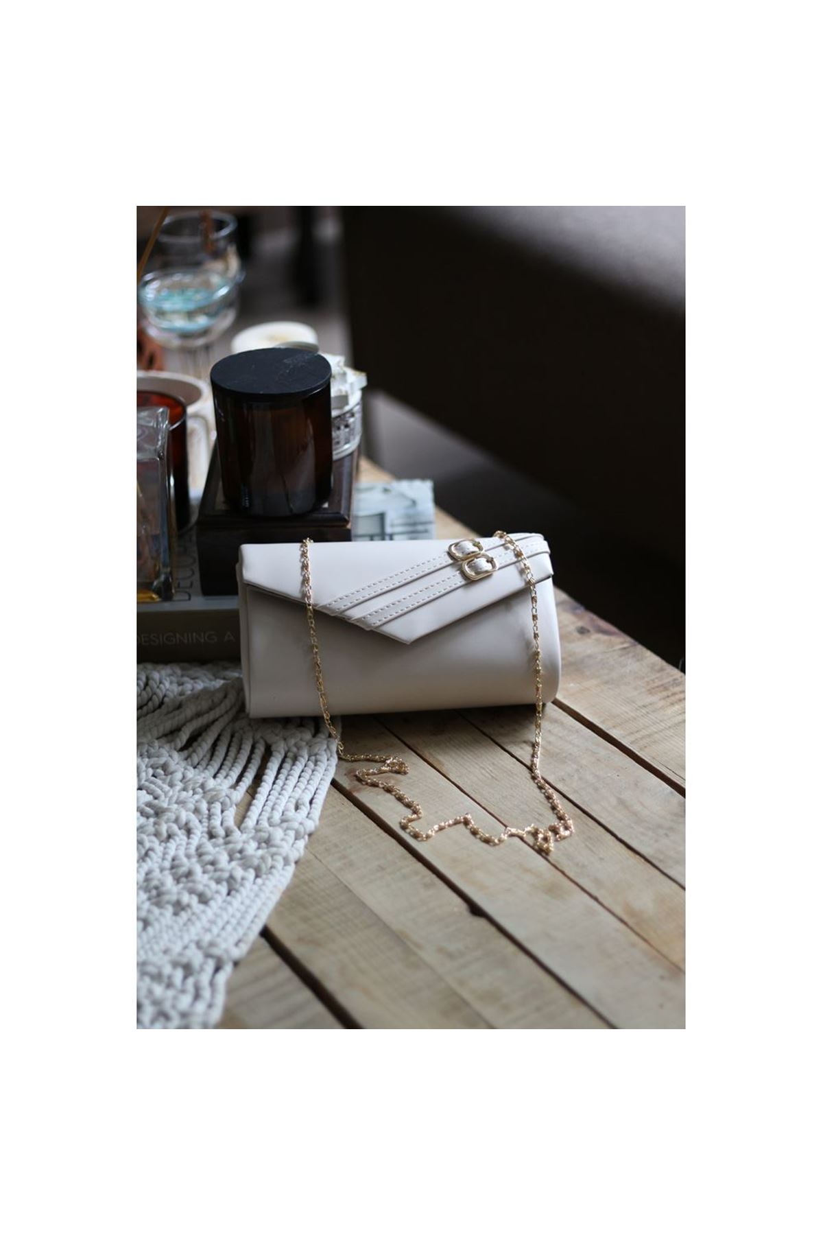 Kadın Mat Krem Çift Kemer Detaylı Abiye El Çantası