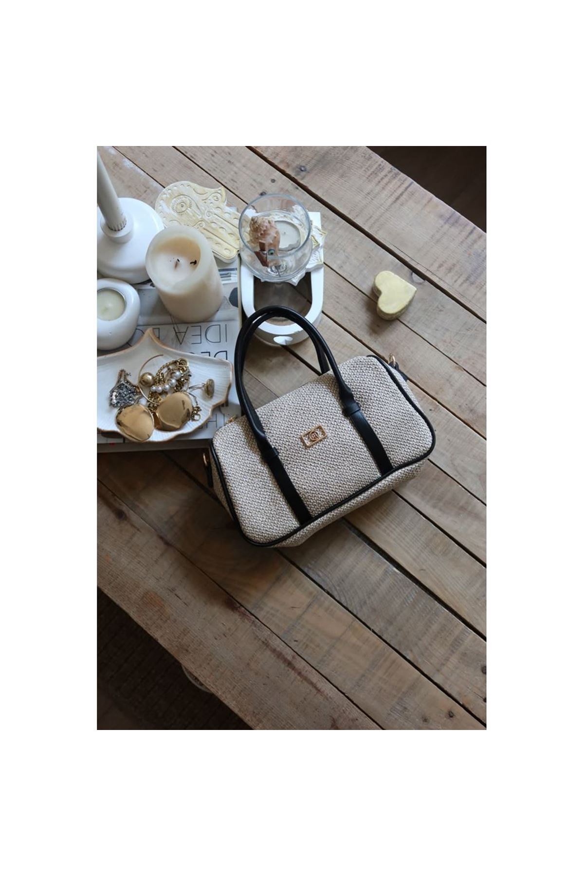 Siyah  Hasır Doku Çift Şeritli El Omuz Çantası