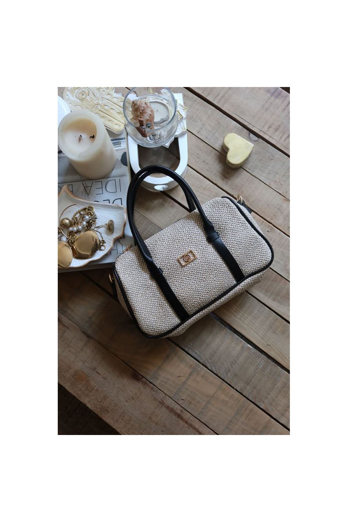 Siyah  Hasır Doku Çift Şeritli El Omuz Çantası