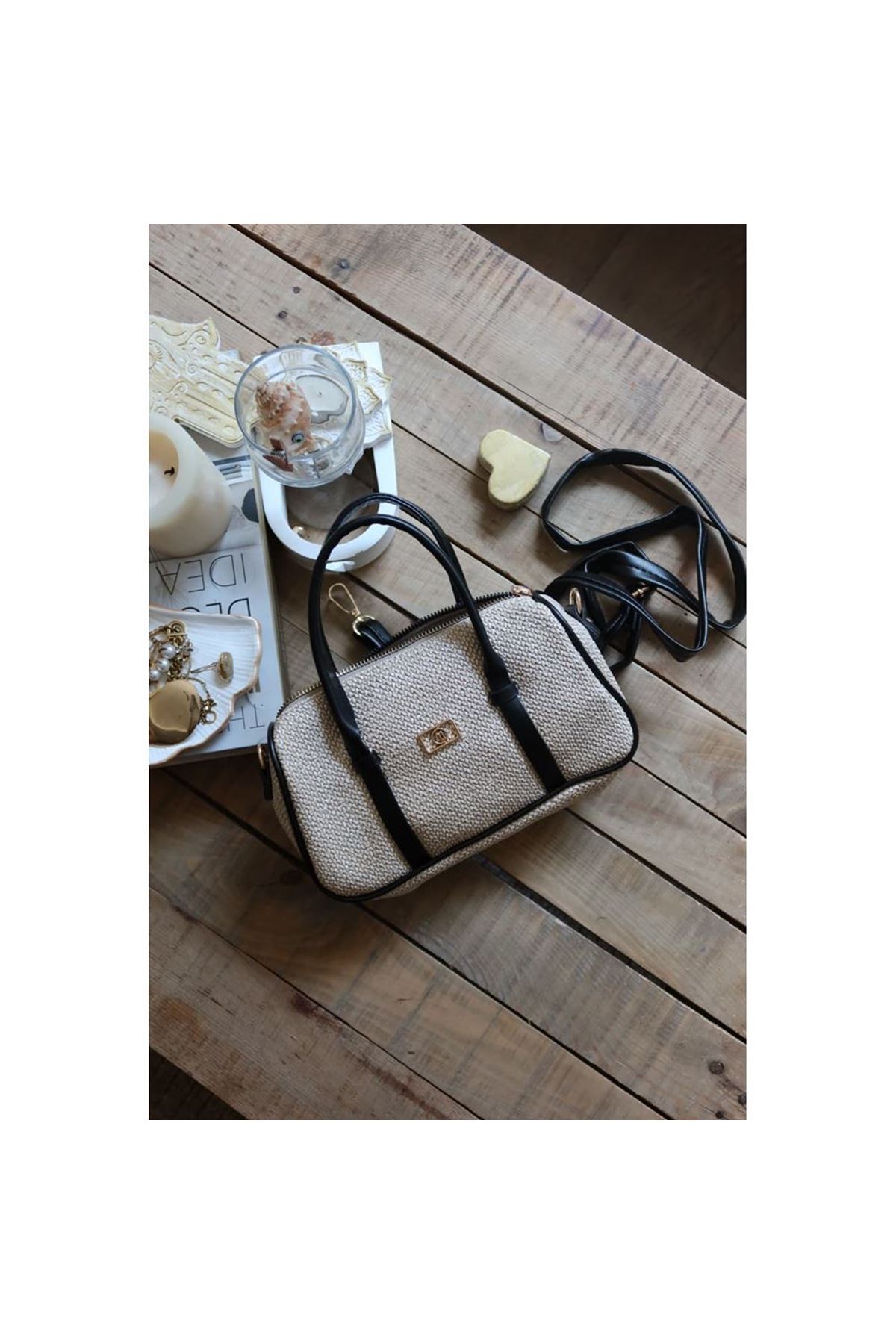 Siyah  Hasır Doku Çift Şeritli El Omuz Çantası