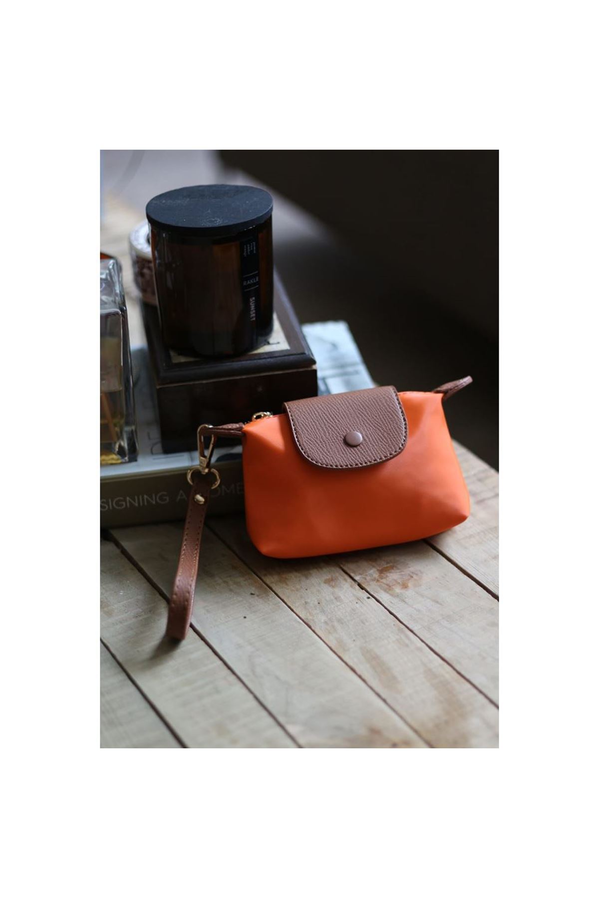 Turuncu Mini Pouch Düğme Detaylı Cüzdan