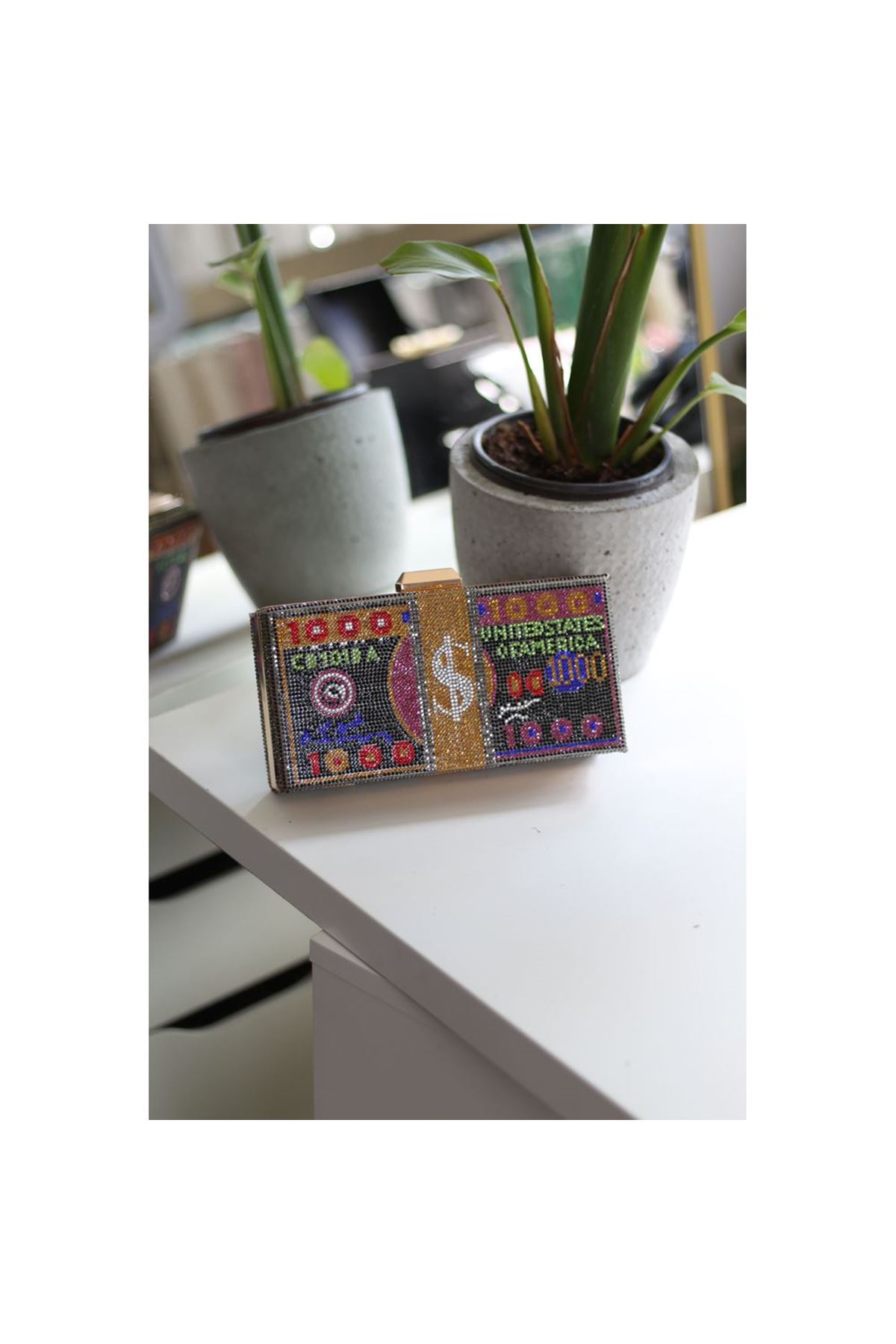 Kadın Gold Dolar Desenli Abiye Gece Çantası