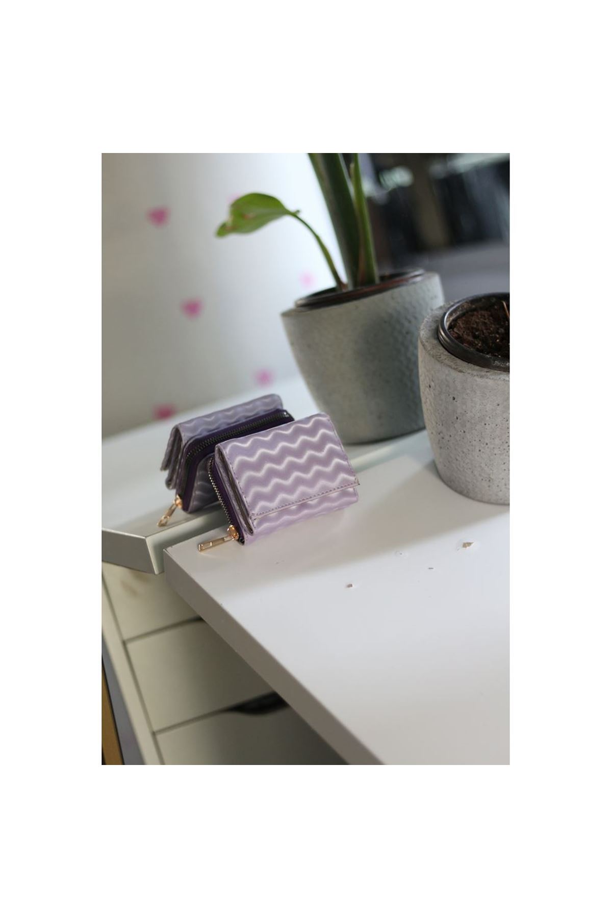 Lila Dalga Desenli Fermuar Ve Kartlık Detaylı Mini Cüzdan